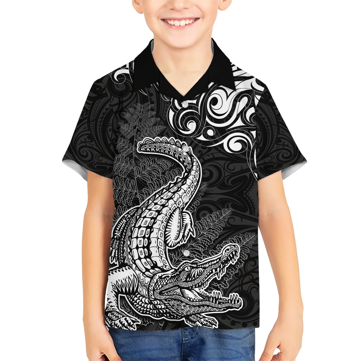 Hawaiihemd mit Maori-Muster, Neuseeland-Krokodil-Tattoo und Farn LT03