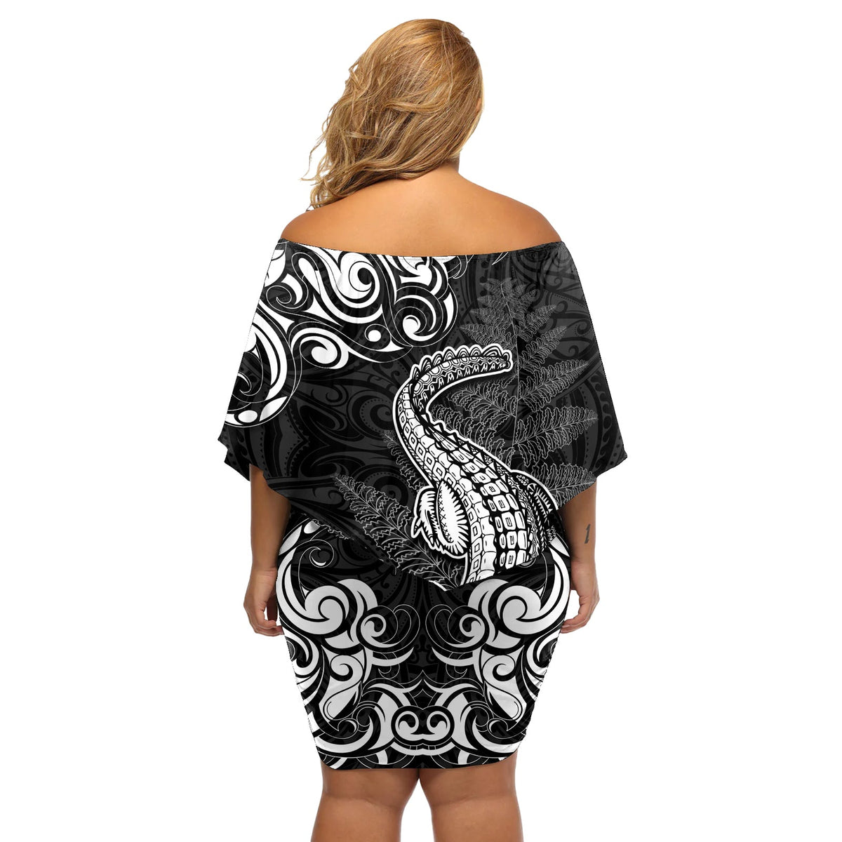 Neuseeländisches Krokodil Tattoo und Farn Off Shoulder Kurzes Kleid mit blumen Maori Muster LT03