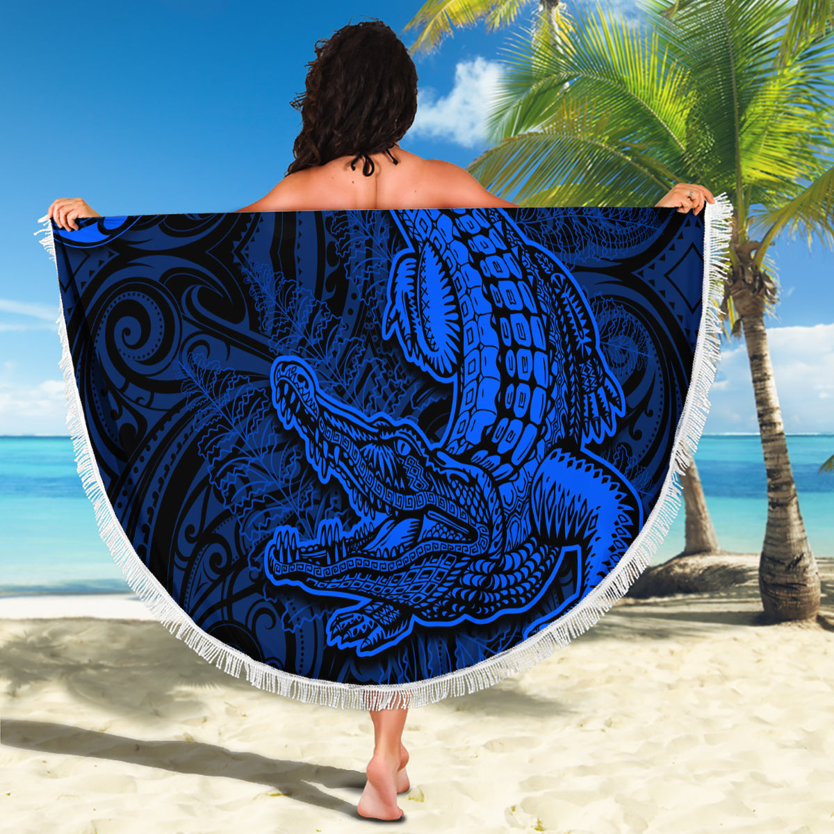 Neuseeländische Maori-Stranddecke mit Rugby-Spieler, Maori und Silberfarn, Halbstil LT03
