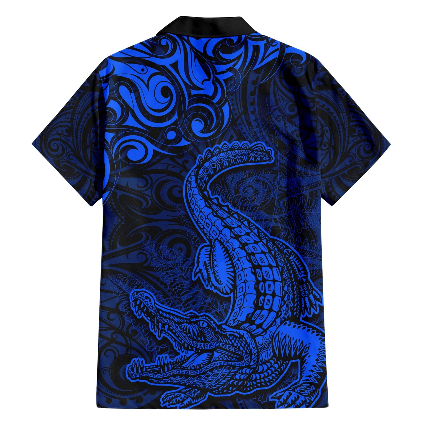 Hawaiihemd mit neuseeländischem Krokodil-Tattoo und Farn, Maori-Muster, Farbe Blau, LT03