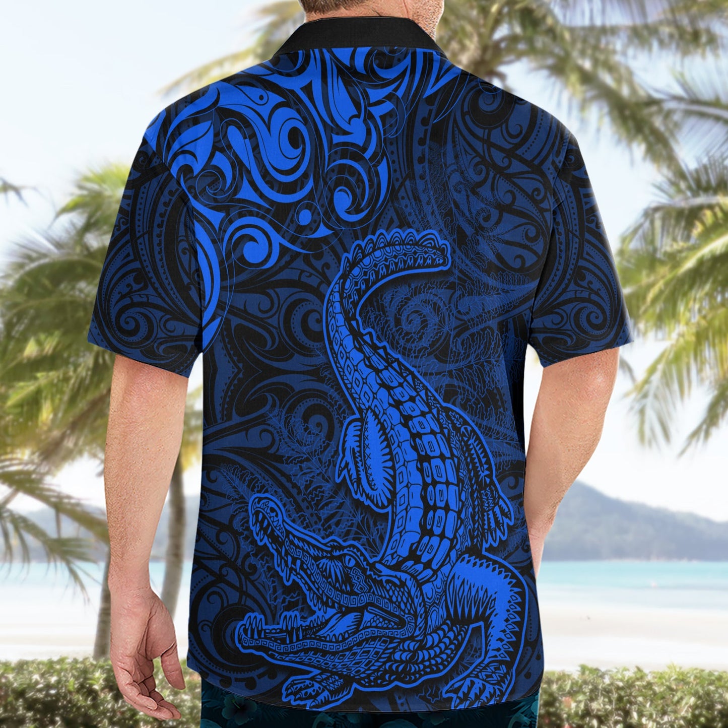 Hawaiihemd mit neuseeländischem Krokodil-Tattoo und Farn, Maori-Muster, Farbe Blau, LT03