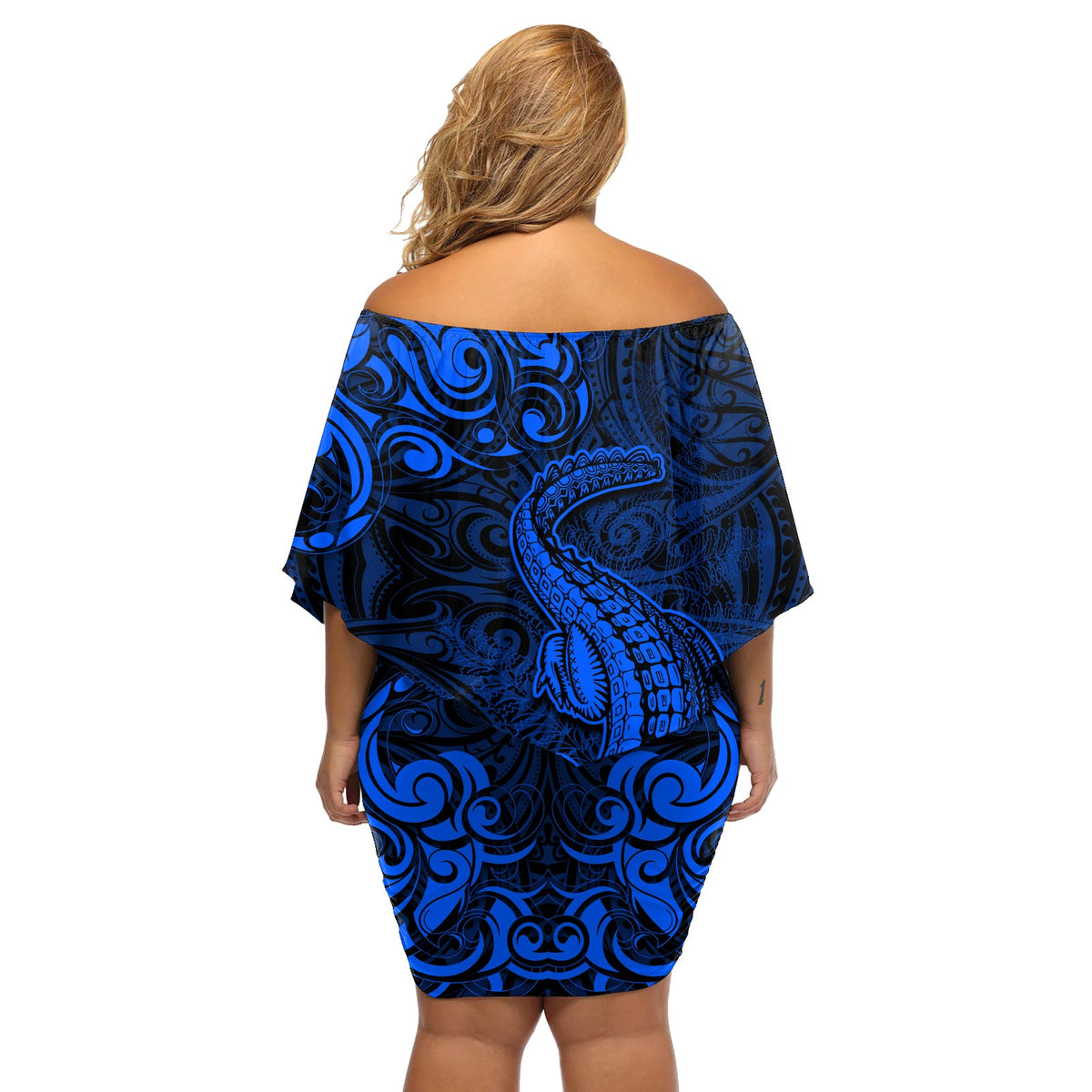 Neuseeland Krokodil Tattoo und Farn Off Schulter kurzes Kleid mit blumen Maori Muster blau Farbe LT03