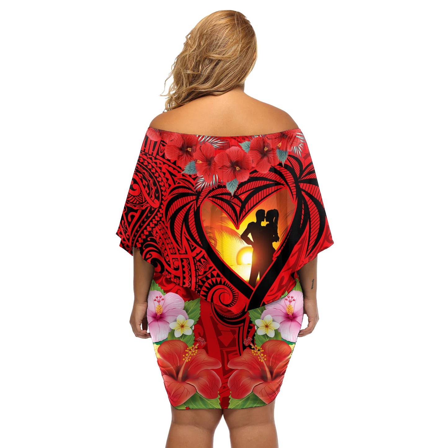 Hawaii Valentinstag Schulterfreies Kurzes Kleid blumen Paar am Strand Mix Hibiskus und polynesisches Tattoo LT03