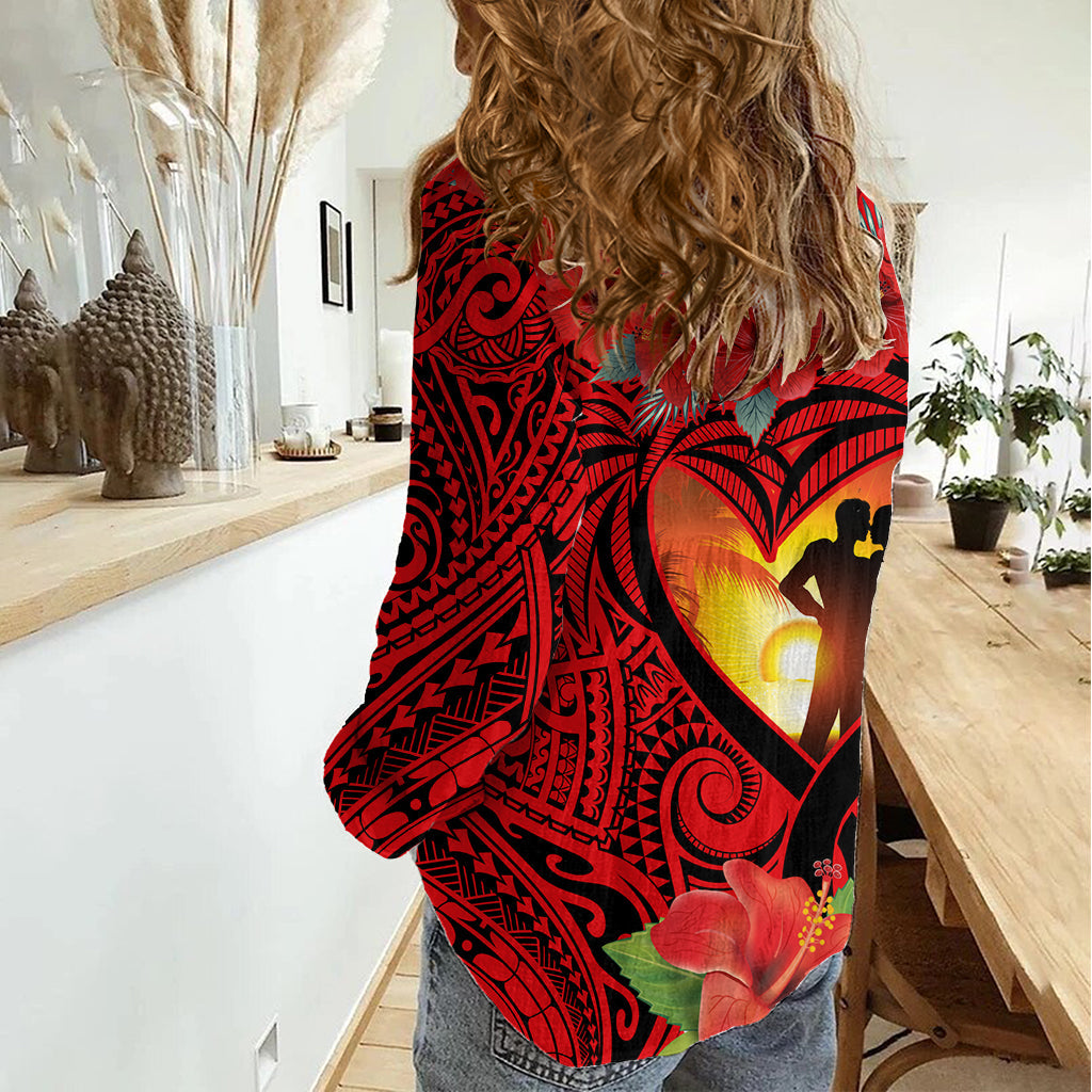 Hawaii Valentinstag Damen Casual Shirt Paar am Strand Mix Hibiskus und polynesisches Tattoo LT03