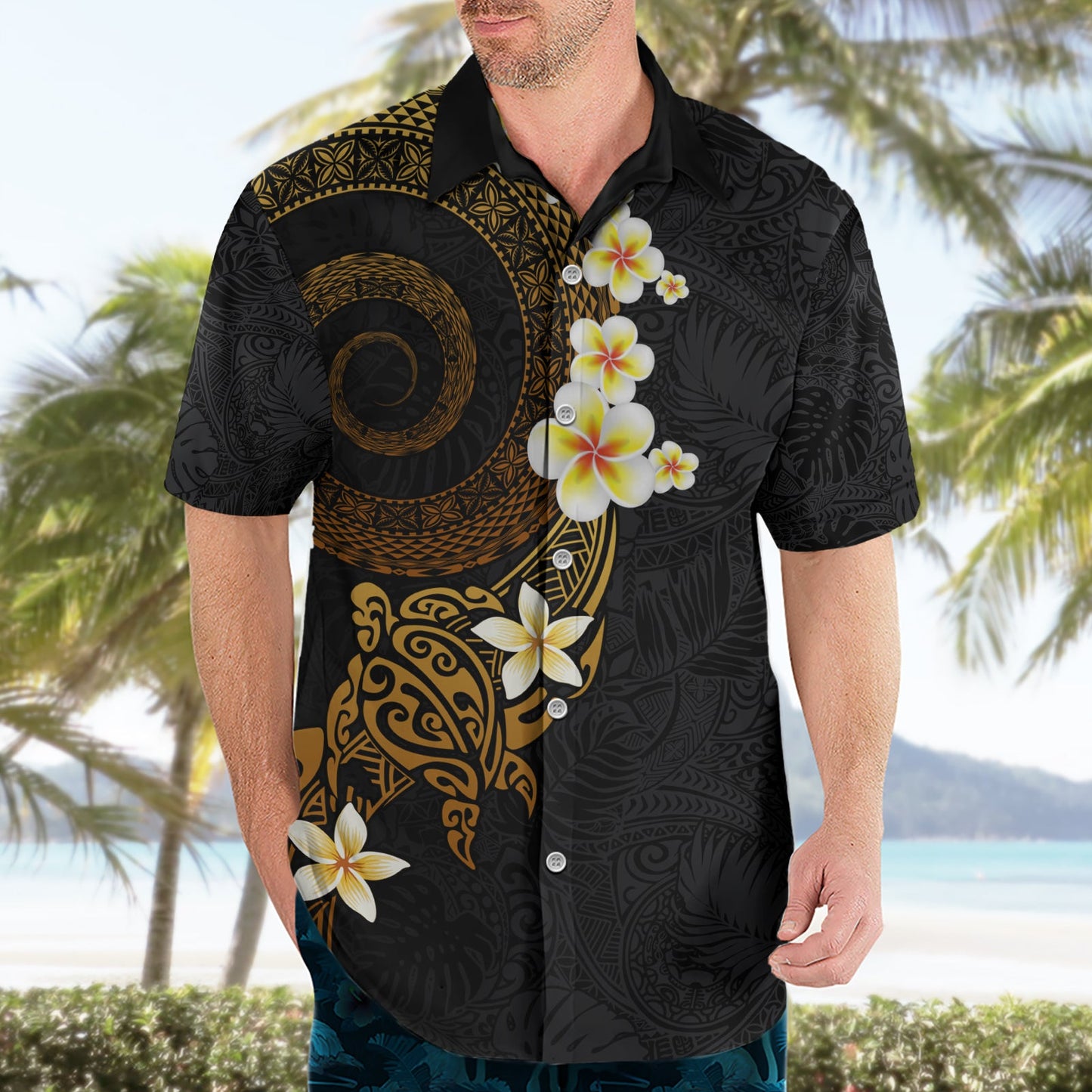 Polynesisches Spiral Tribal Tattoo Hawaiihemd Goldene Farbe LT03