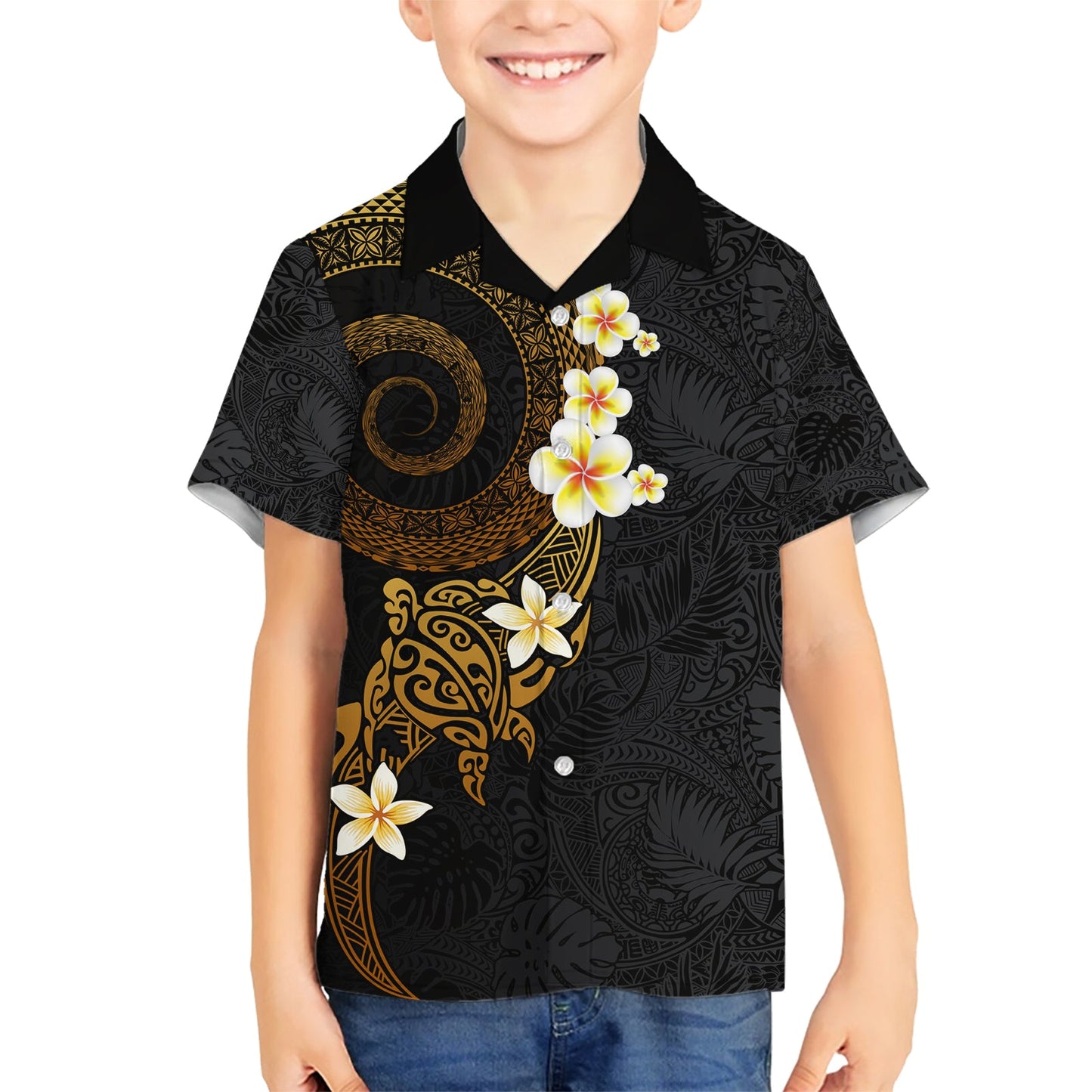 Polynesisches Spiral Tribal Tattoo Hawaiihemd Goldene Farbe LT03