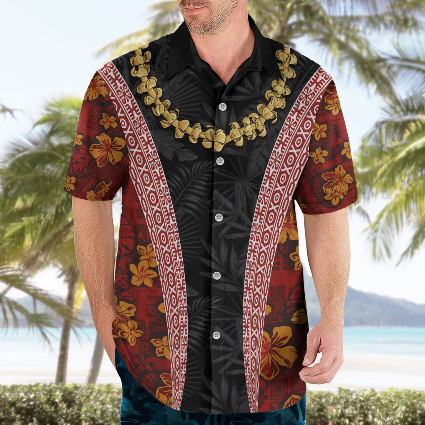 Hawaii Lei und Hibiskus Blumen Tribal Hawaiihemd Patchwork abstrakt Vintage LT03