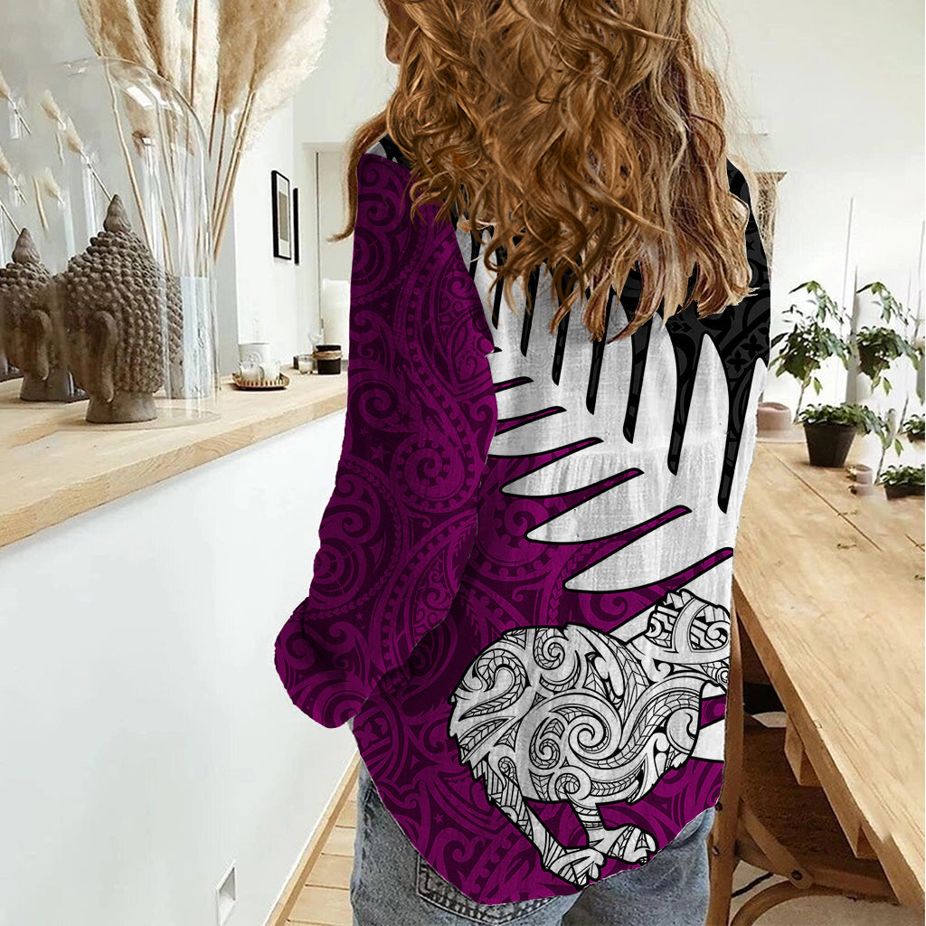 Aotearoa Neuseeland Damen Freizeithemd Silberfarn Kiwivogel und NZ-Karte mit Maori Tribal Pink Style LT03