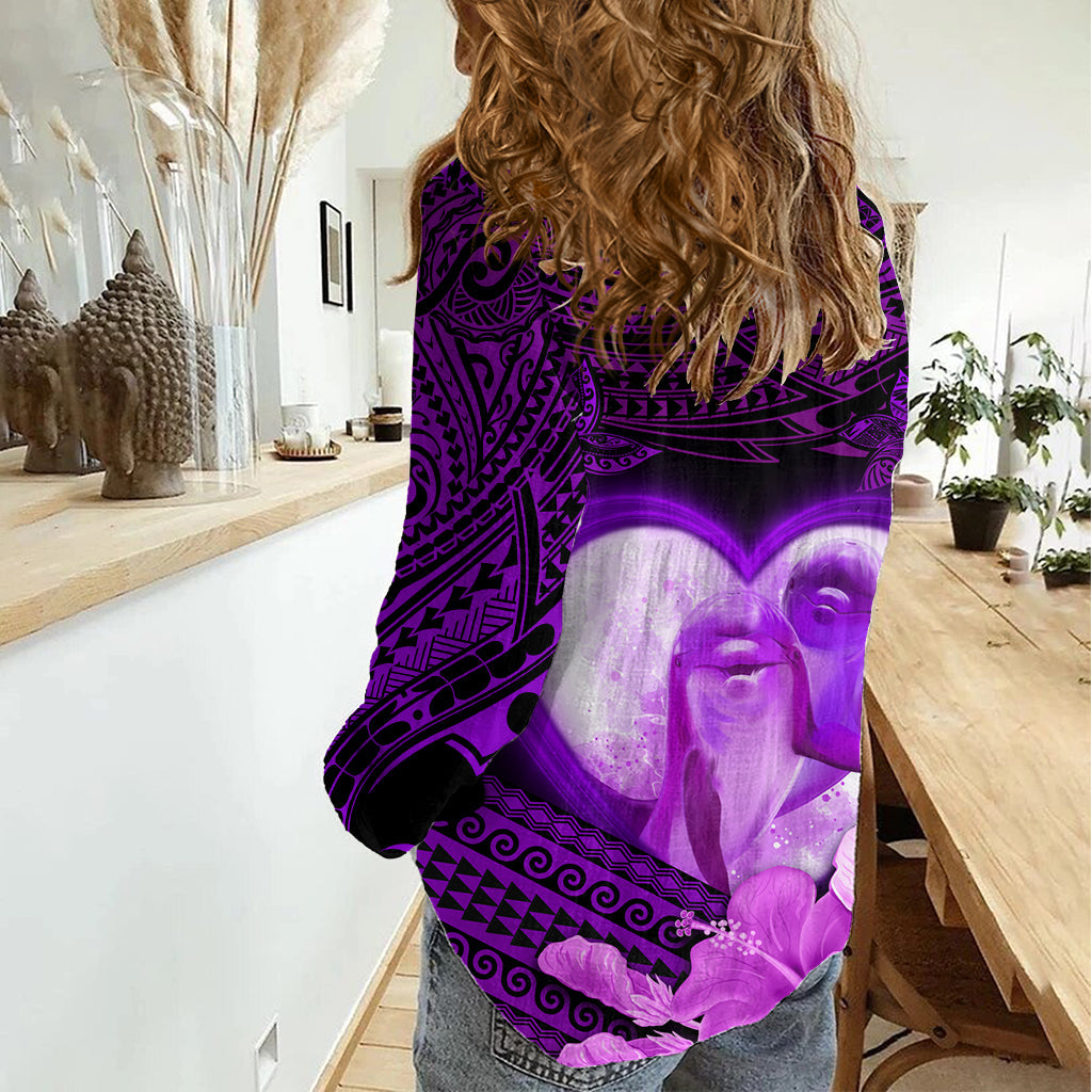 Delphin Paar Liebesgeschichte Valentinstag Frauen Casual Shirt mit polynesischen Tribal Tattoo lila Stil LT03