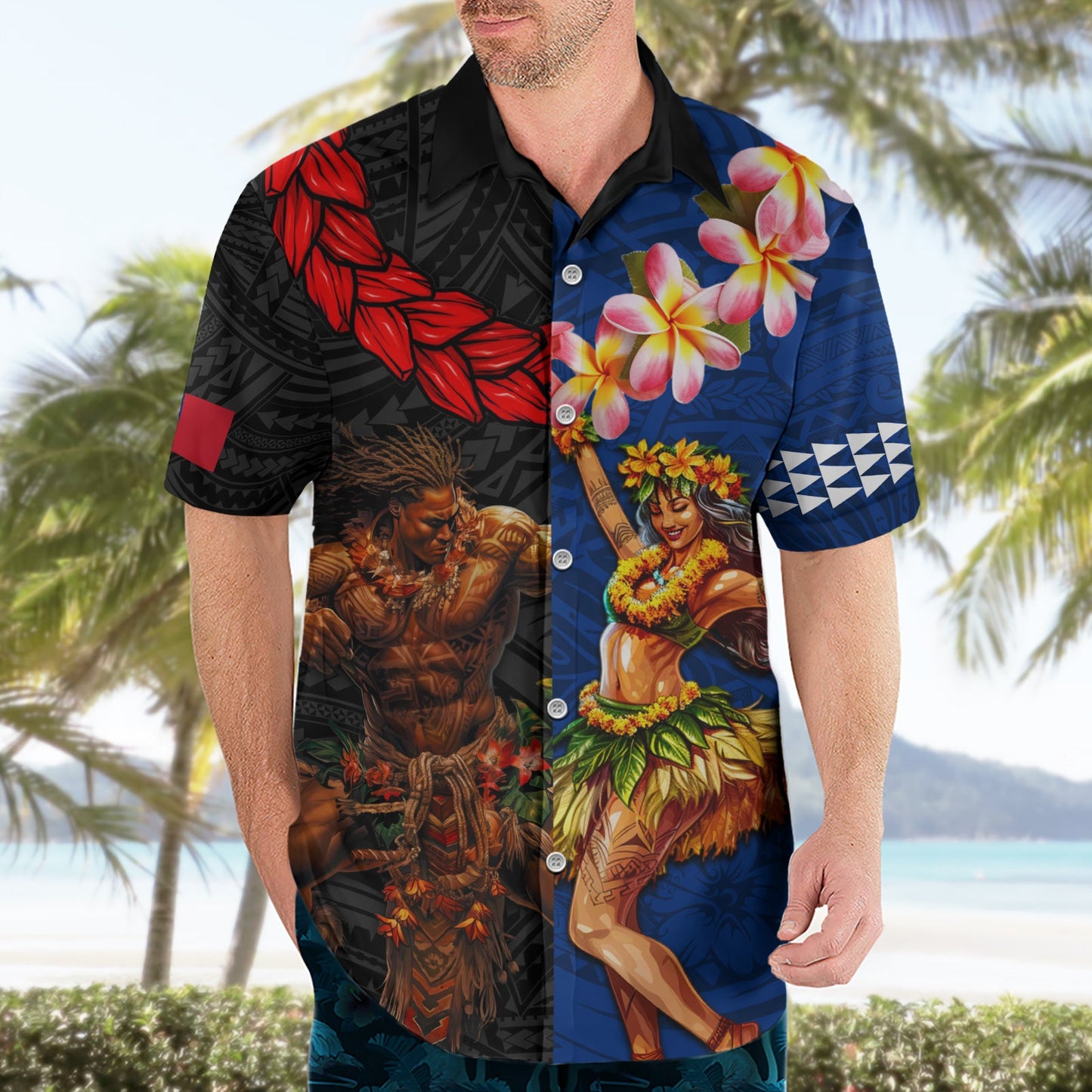 Hawaii und Samoa zusammen Hawaiian Shirt Samoan Krieger und Schönheit Hula Mädchen LT03