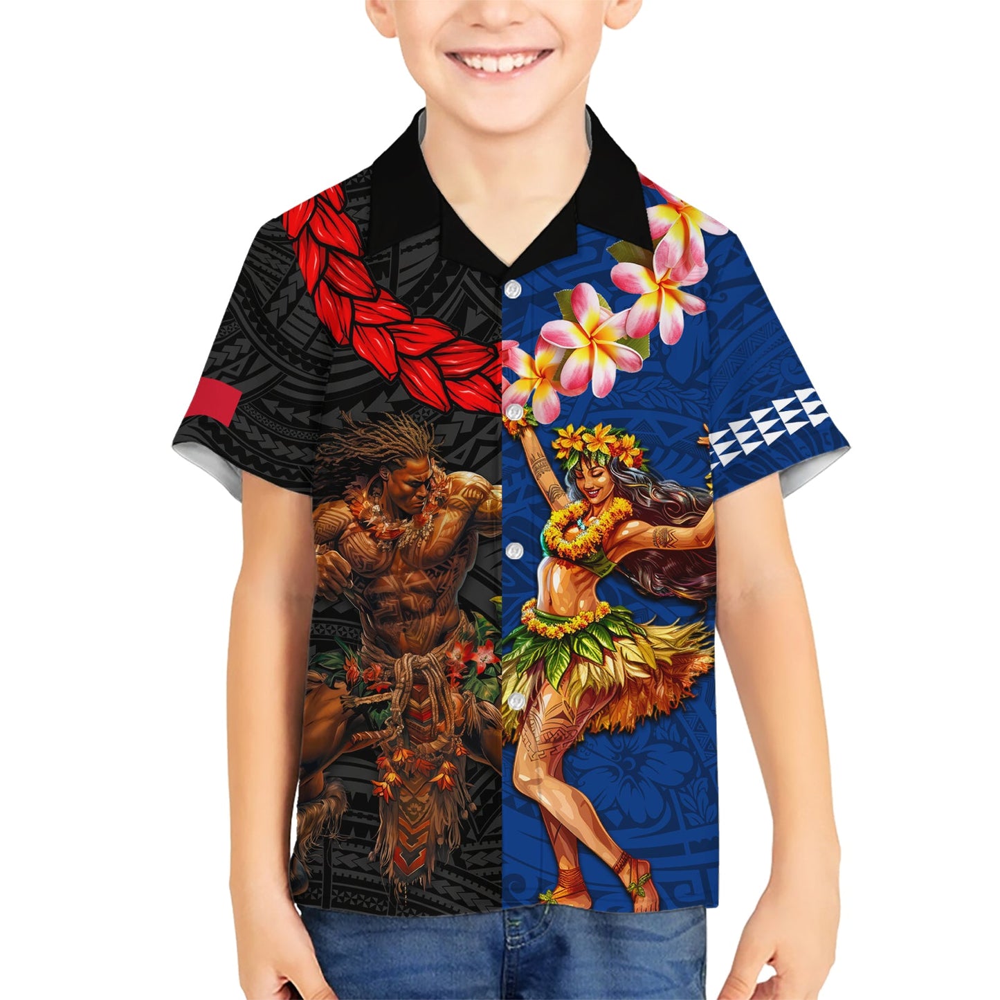 Hawaii und Samoa zusammen Hawaiian Shirt Samoan Krieger und Schönheit Hula Mädchen LT03