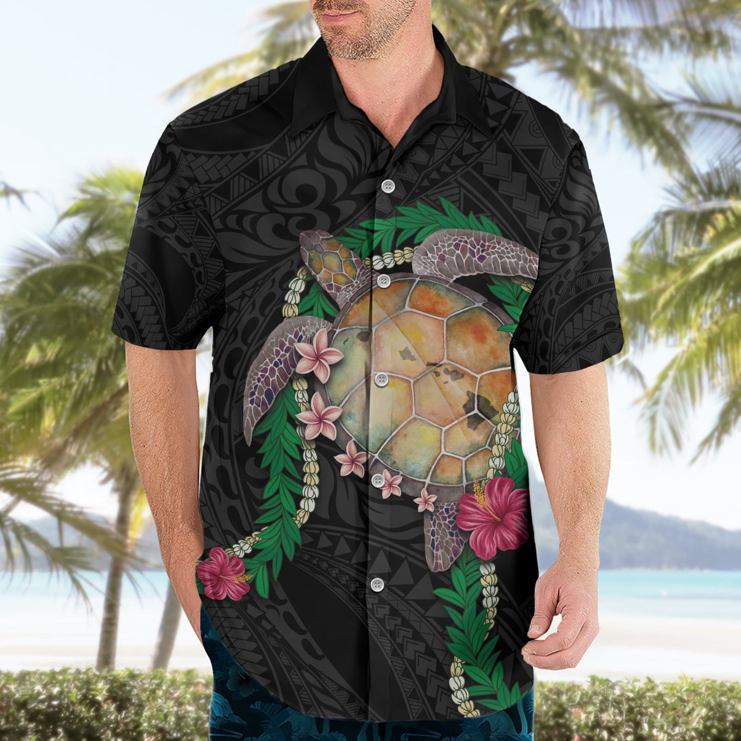 Hawaii Pikake und Maile Lei Hawaiihemd Honu Polynesian Muster Schwarz Farbe LT03
