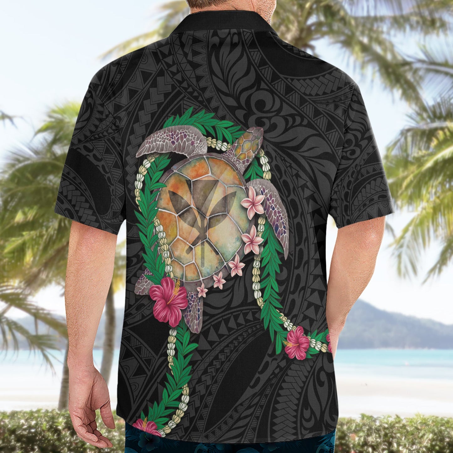Hawaii Pikake und Maile Lei Hawaiihemd Honu Polynesian Muster Schwarz Farbe LT03