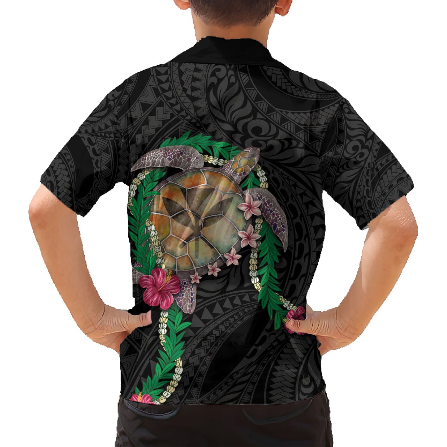 Hawaii Pikake und Maile Lei Hawaiihemd Honu Polynesian Muster Schwarz Farbe LT03