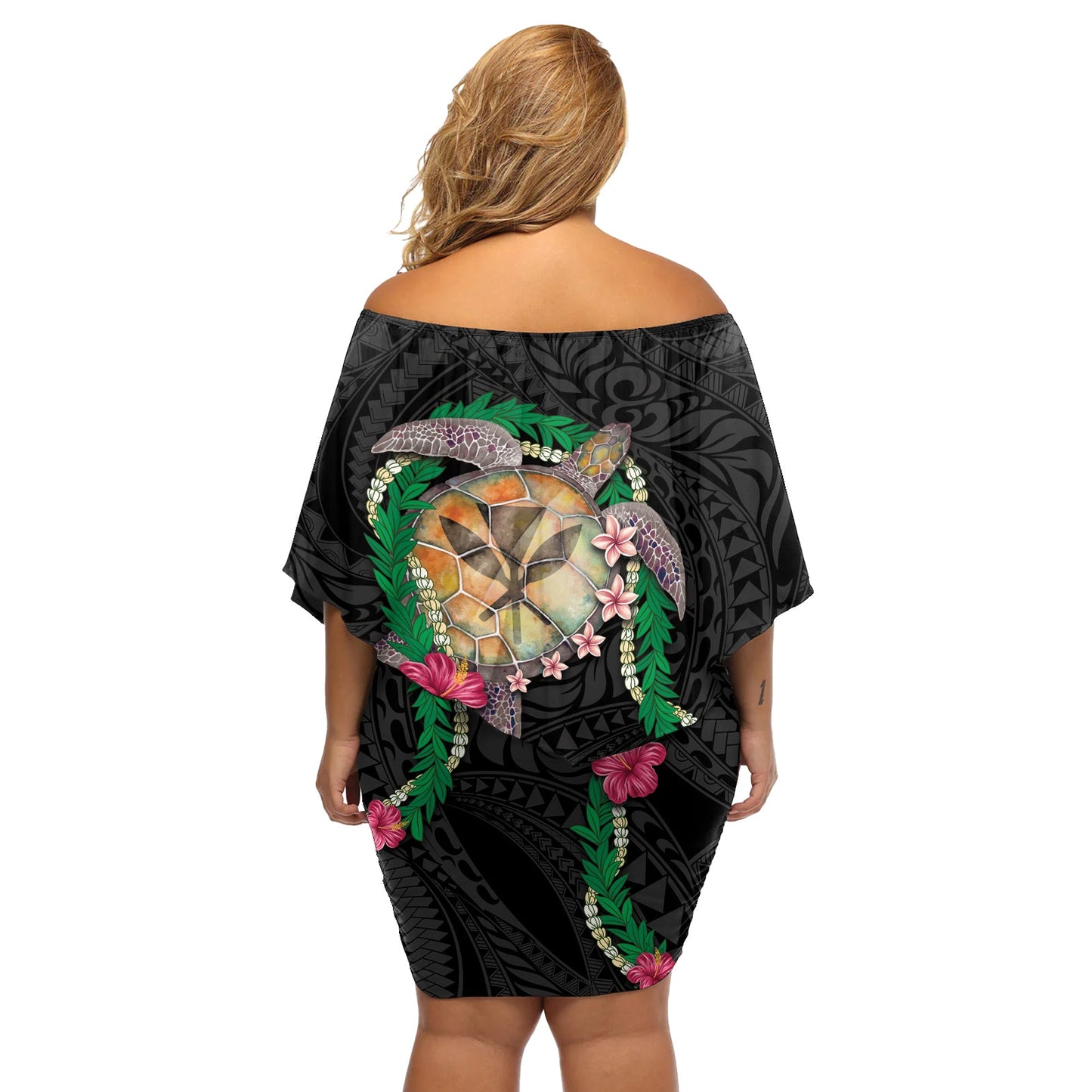 Hawaii Pikake und Maile Lei Off Shoulder Kurzes Kleider blumen Honu Polynesianisches Muster Schwarz Farbe LT03
