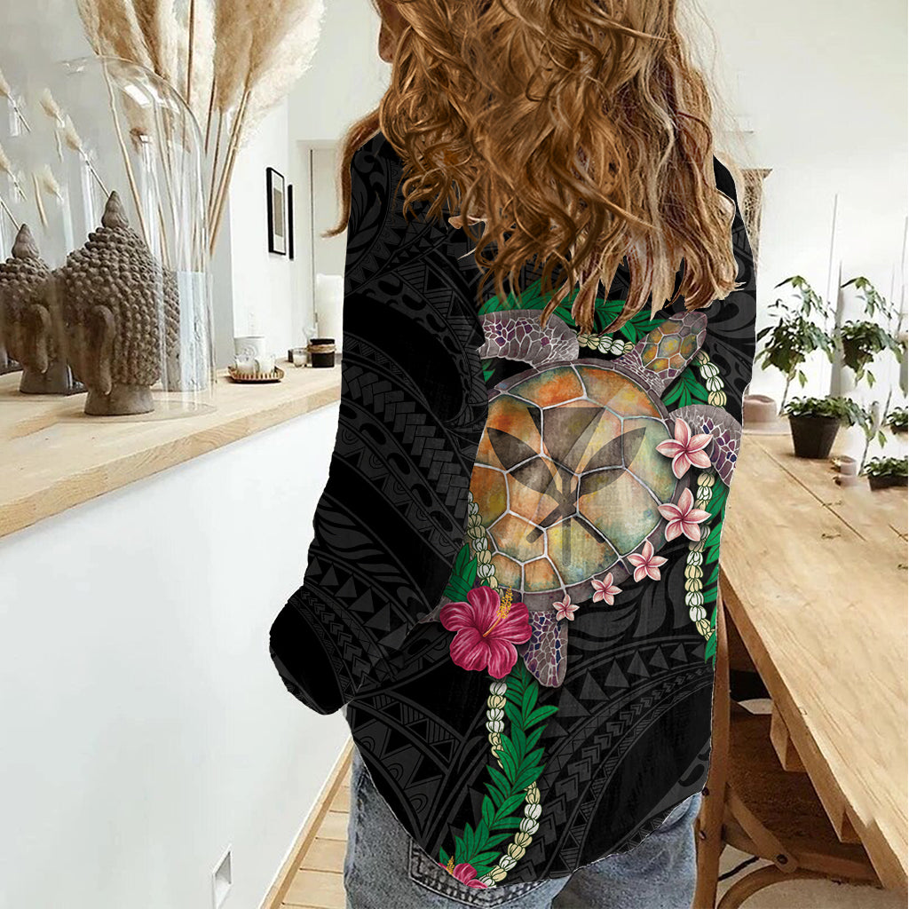 Hawaii Pikake und Maile Lei Damen Freizeithemd Honu Polynesian Muster Schwarz Farbe LT03