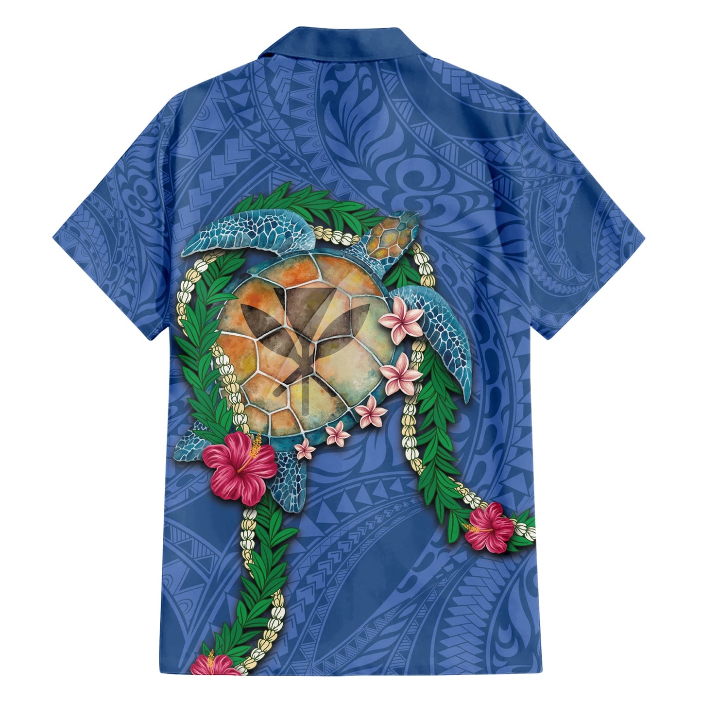 Hawaii Pikake und Maile Lei Hawaiihemd Honu Polynesianisches Muster Blau Farbe LT03