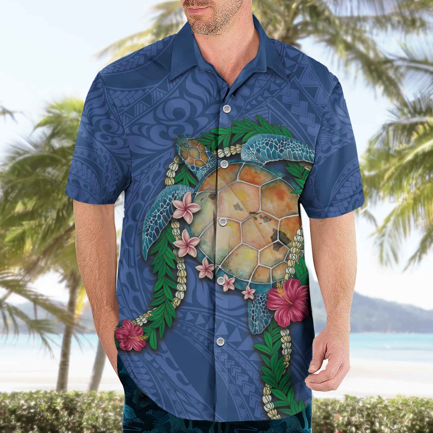 Hawaii Pikake und Maile Lei Hawaiihemd Honu Polynesianisches Muster Blau Farbe LT03