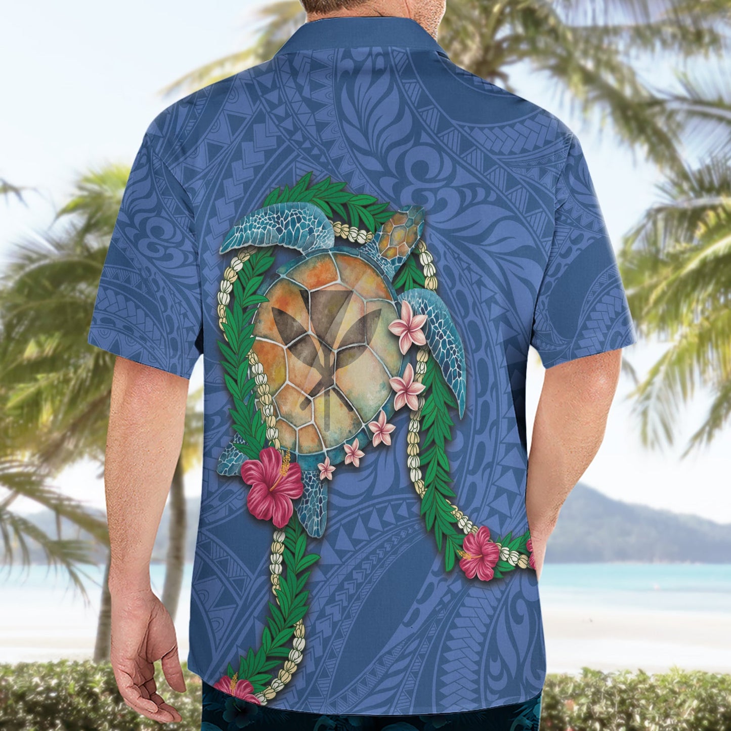 Hawaii Pikake und Maile Lei Hawaiihemd Honu Polynesianisches Muster Blau Farbe LT03