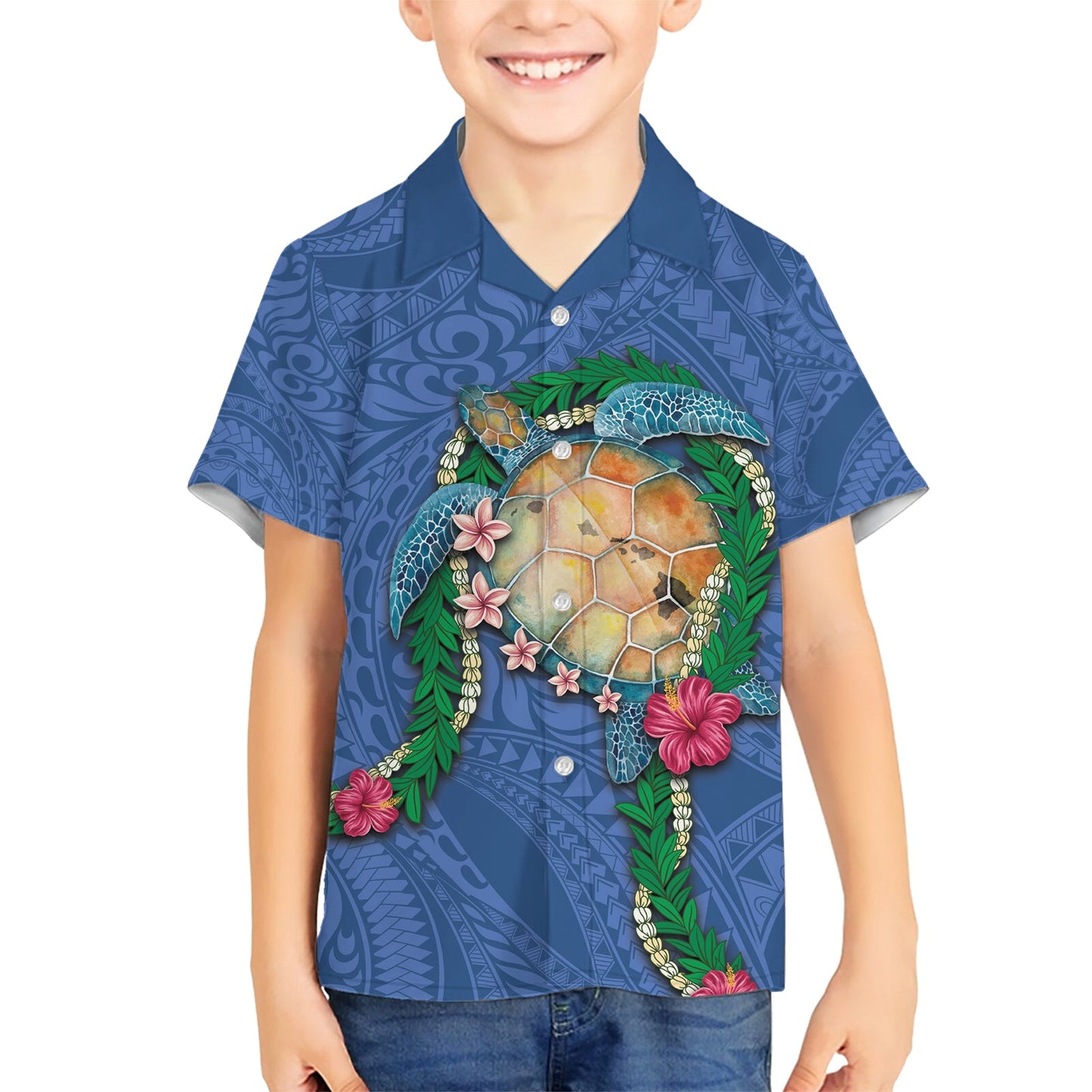 Hawaii Pikake und Maile Lei Hawaiihemd Honu Polynesianisches Muster Blau Farbe LT03