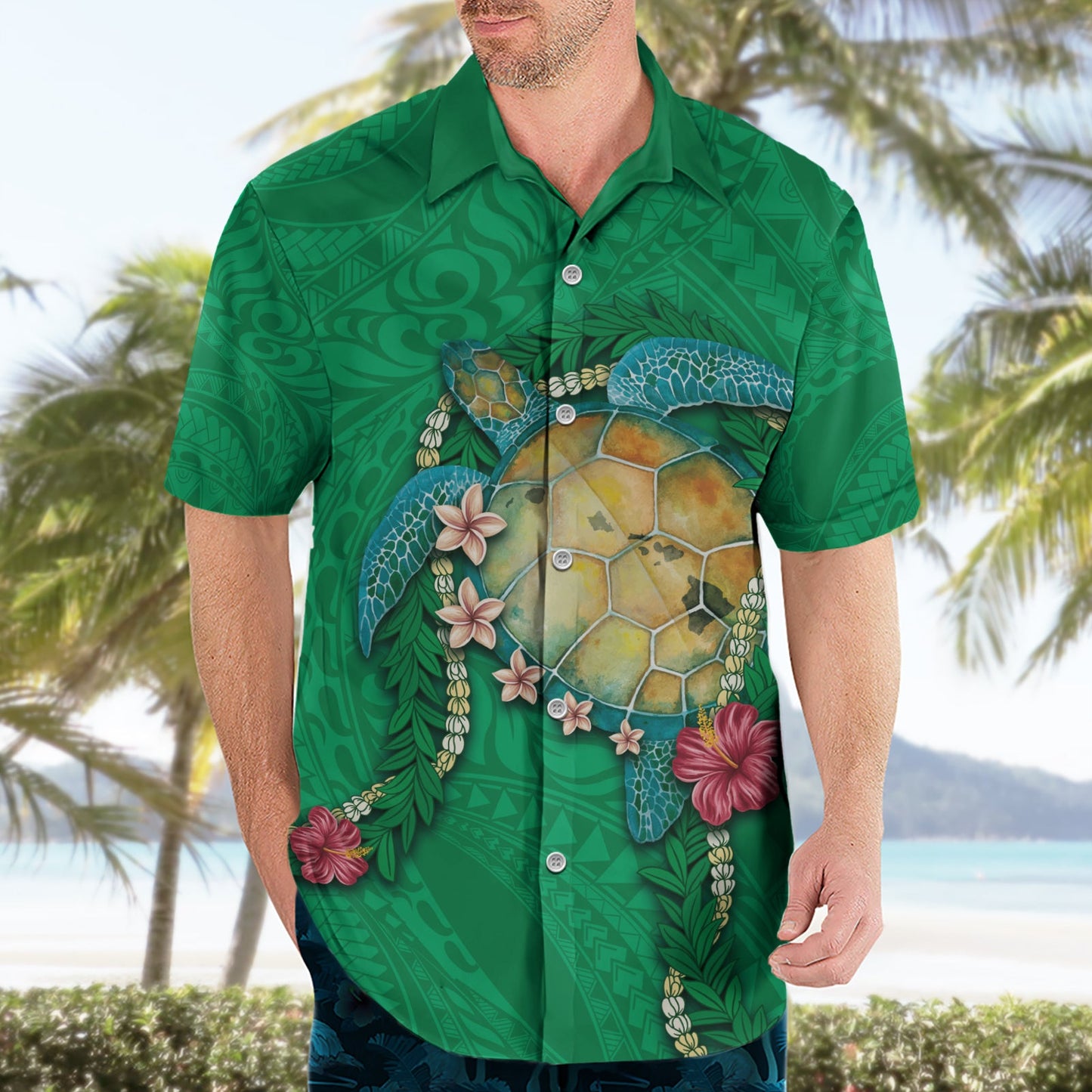Hawaii Pikake und Maile Lei Hawaiihemd Honu Polynesian Muster Grün Farbe LT03