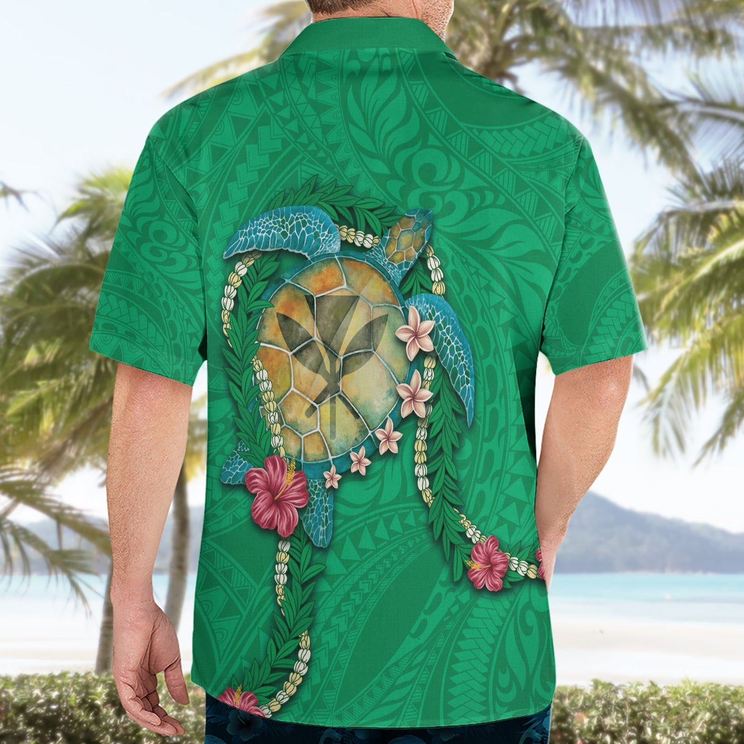 Hawaii Pikake und Maile Lei Hawaiihemd Honu Polynesian Muster Grün Farbe LT03