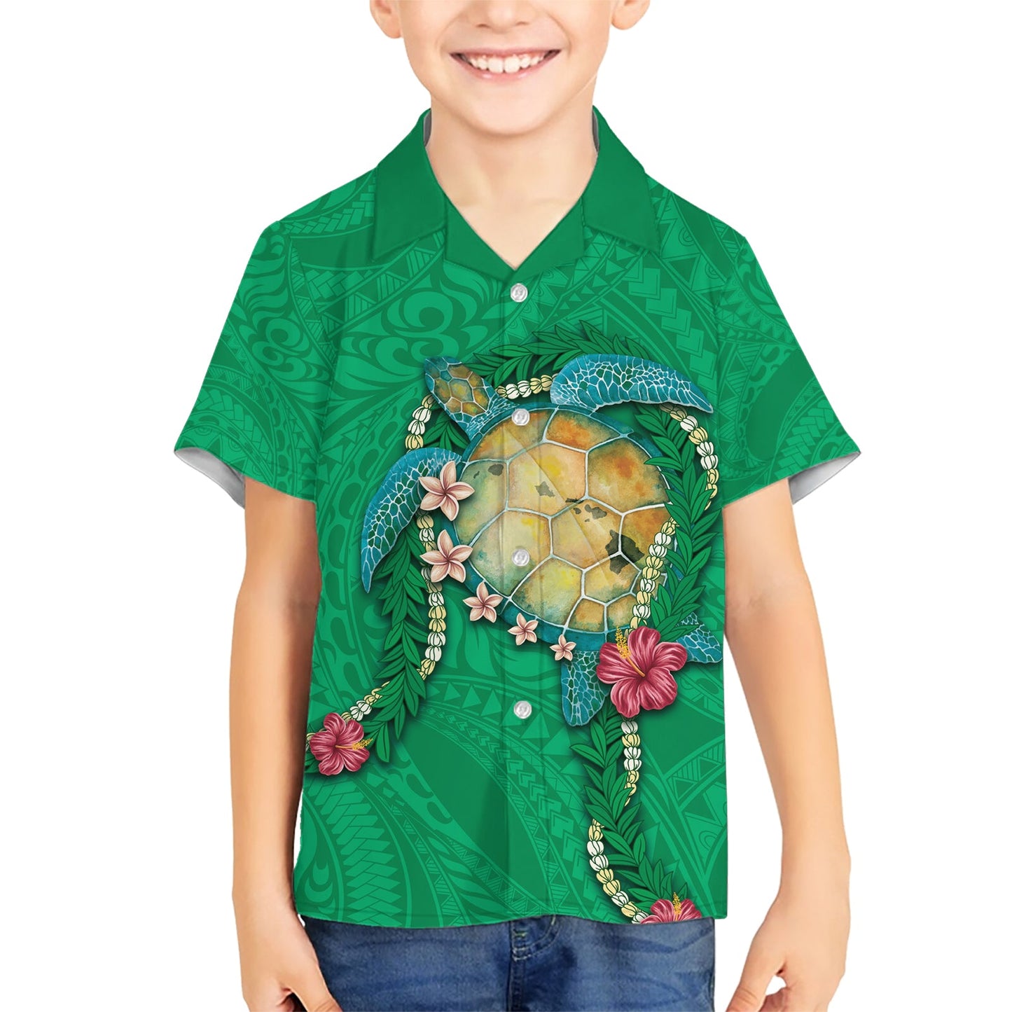 Hawaii Pikake und Maile Lei Hawaiihemd Honu Polynesian Muster Grün Farbe LT03