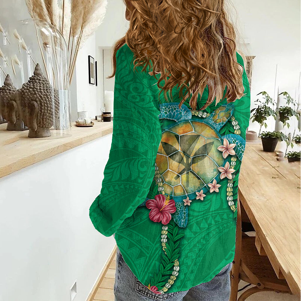 Hawaii Pikake und Maile Lei Damen Freizeithemd Honu Polynesian Muster Grün Farbe LT03