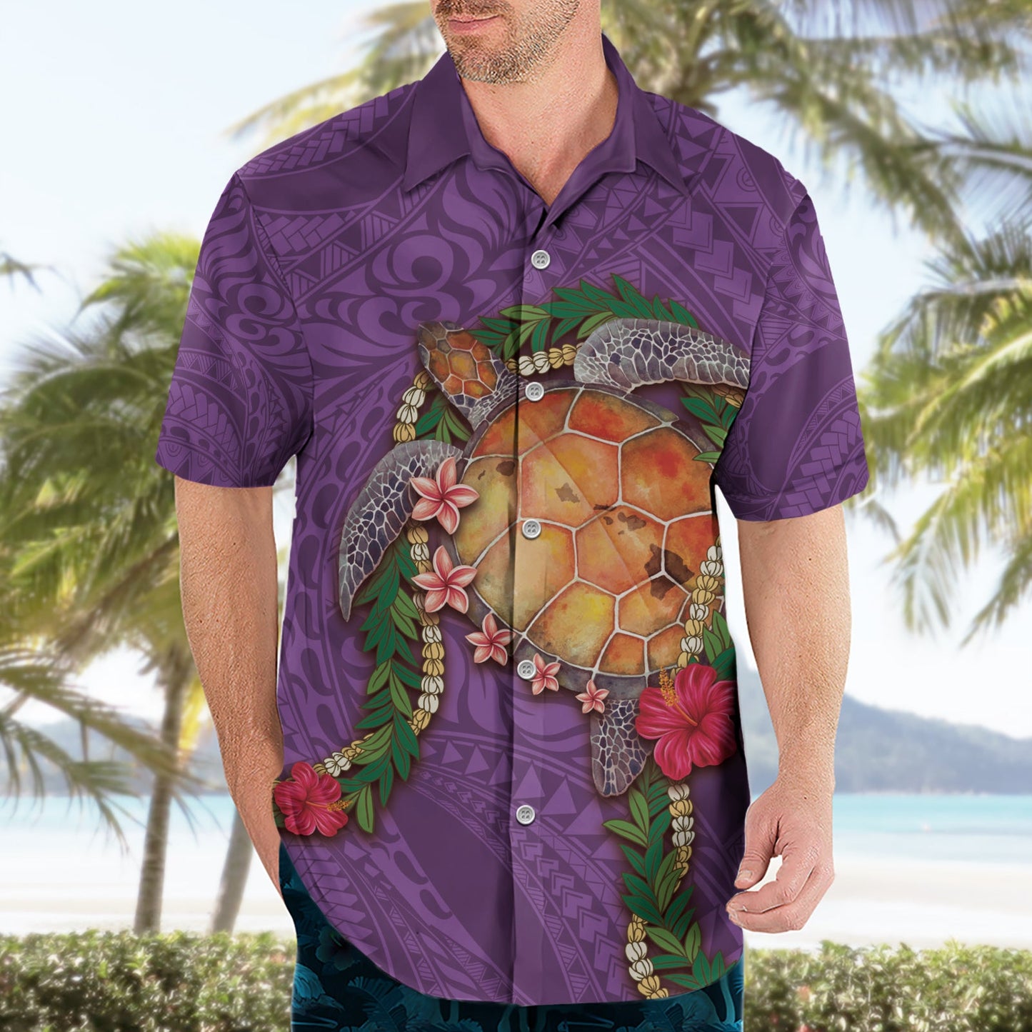 Hawaii Pikake und Maile Lei Hawaiihemd Honu Polynesianisches Muster Rosa Farbe LT03