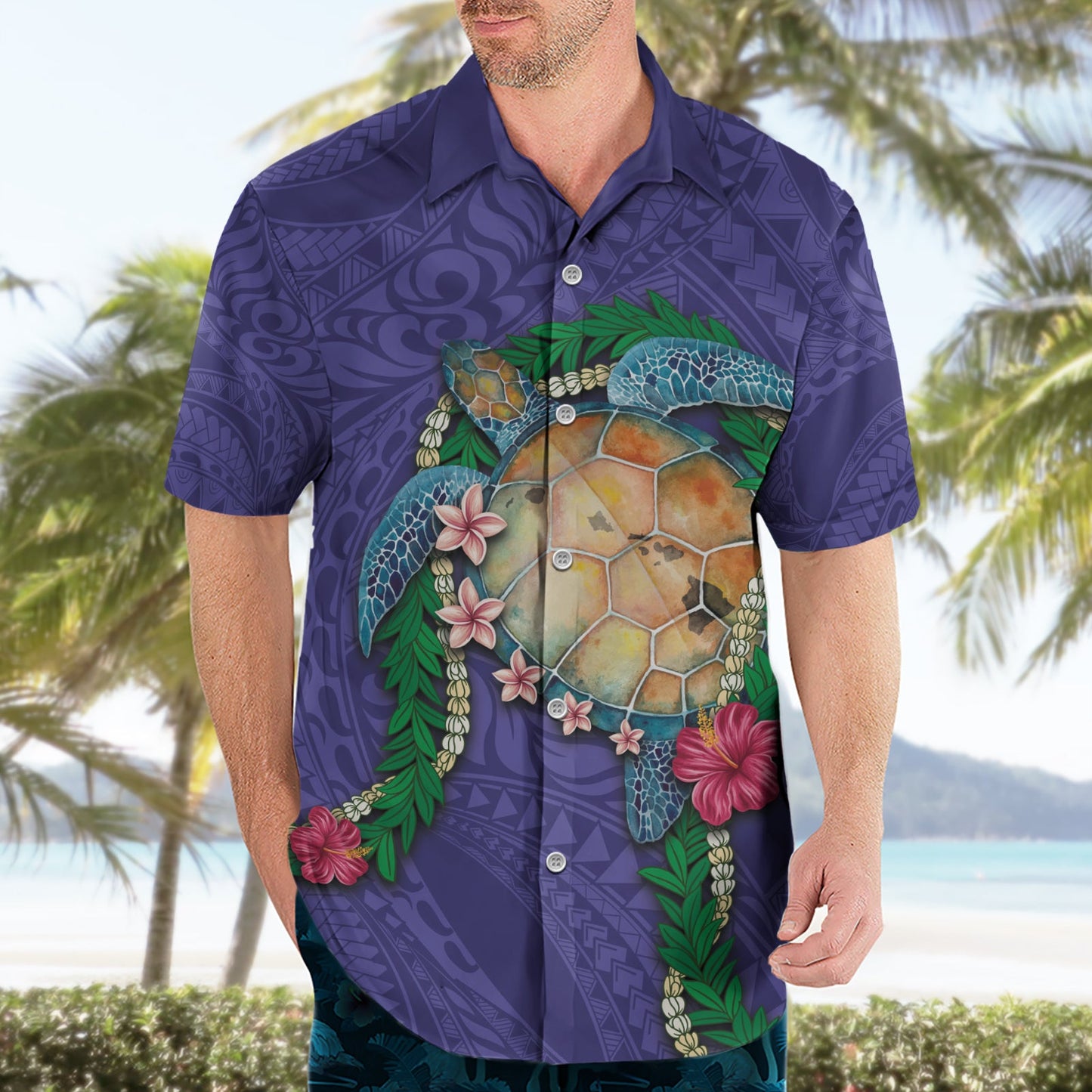 Hawaii Pikake und Maile Lei Hawaiihemd Honu Polynesian Muster Lila Farbe LT03