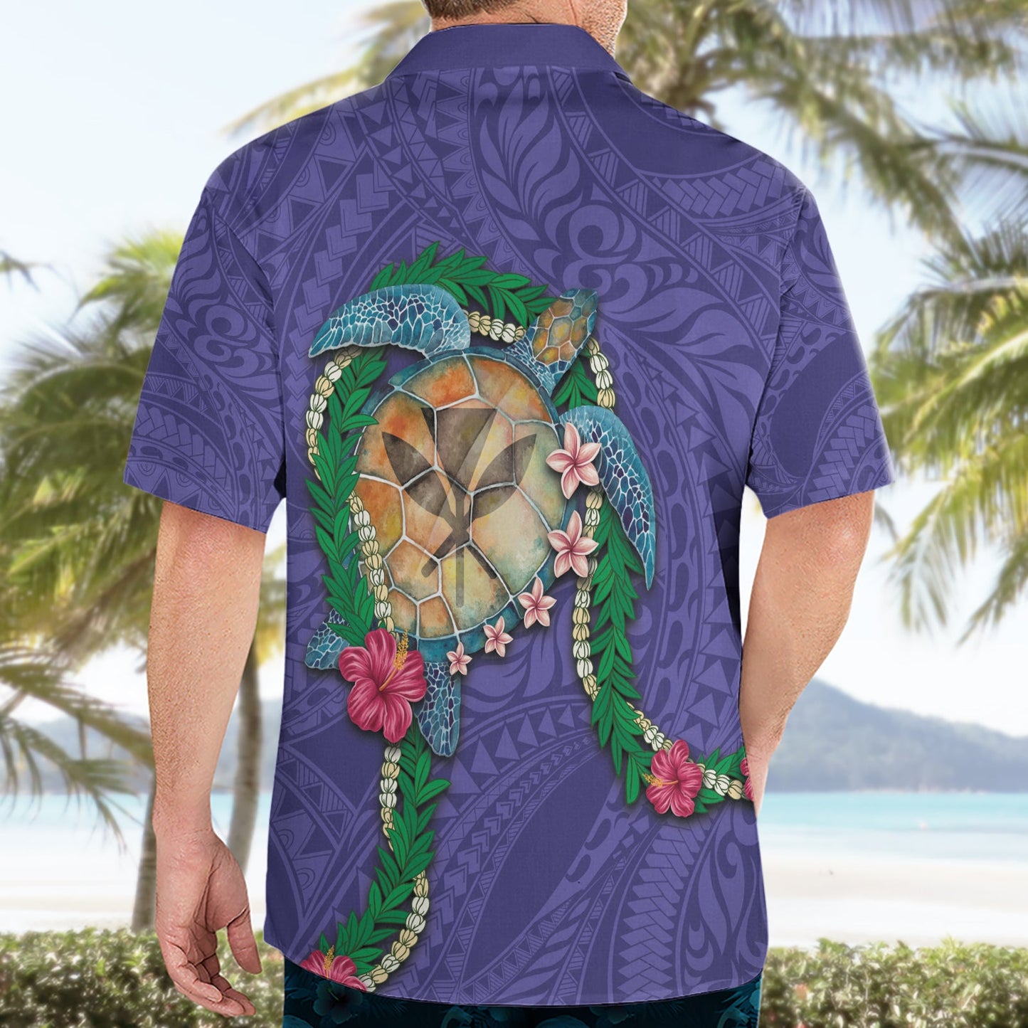 Hawaii Pikake und Maile Lei Hawaiihemd Honu Polynesian Muster Lila Farbe LT03