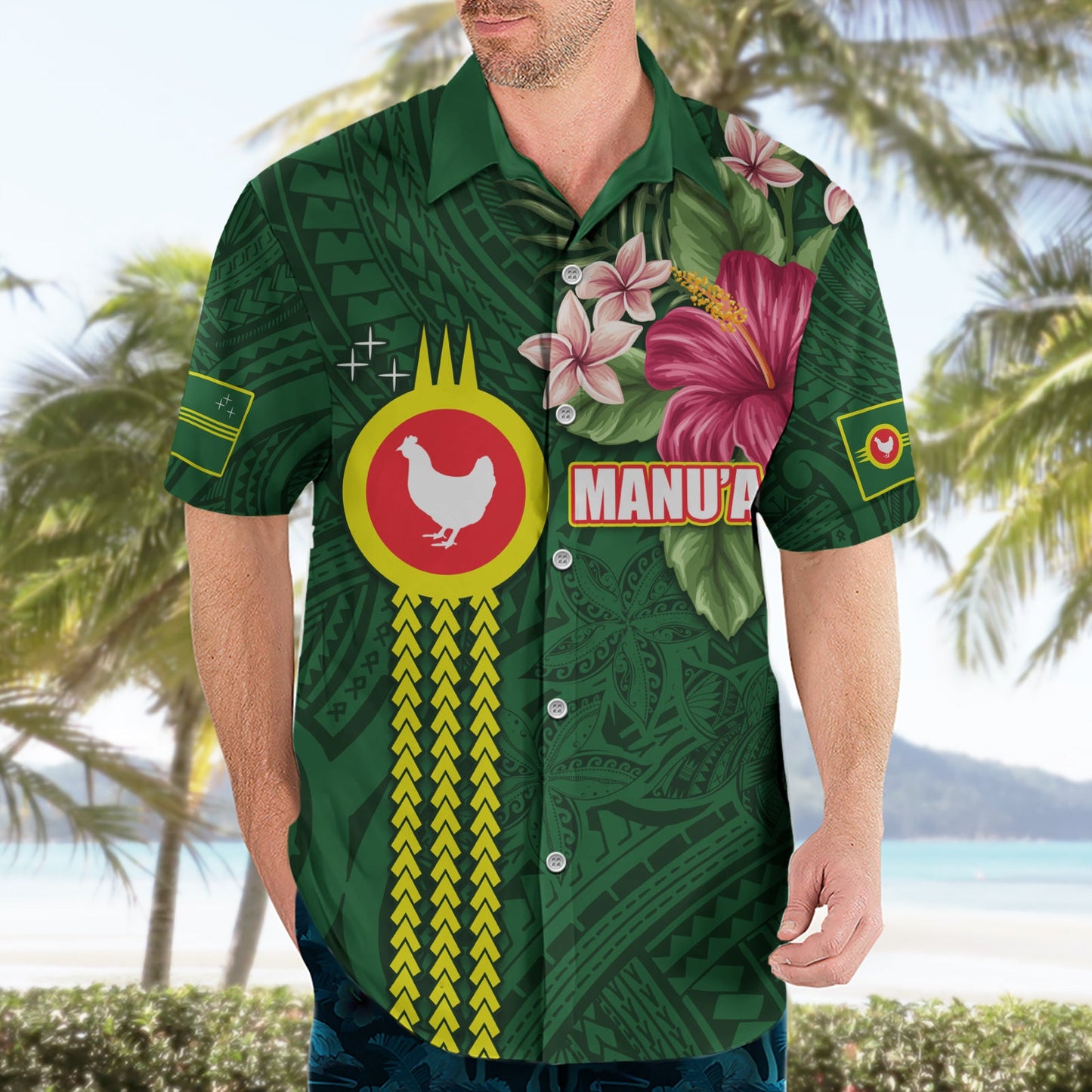 Manu'a Cession Day 120. Jahrestag Hawaiihemd mit polynesischem Muster und Hibiskusblüte LT03