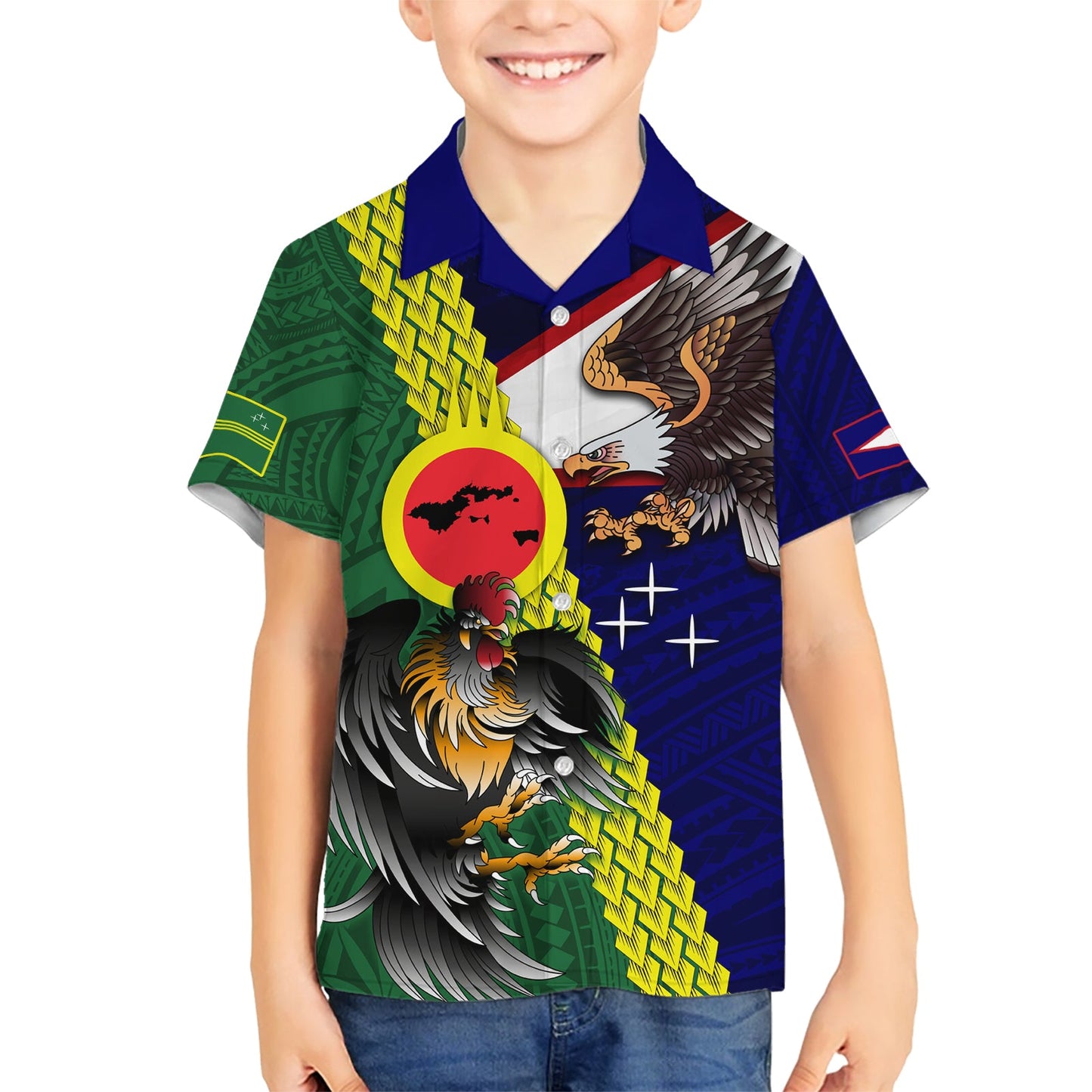 Manu'a Island und Amerikanisch-Samoa Hawaiihemd Hahn und Adler Maskottchen LT03