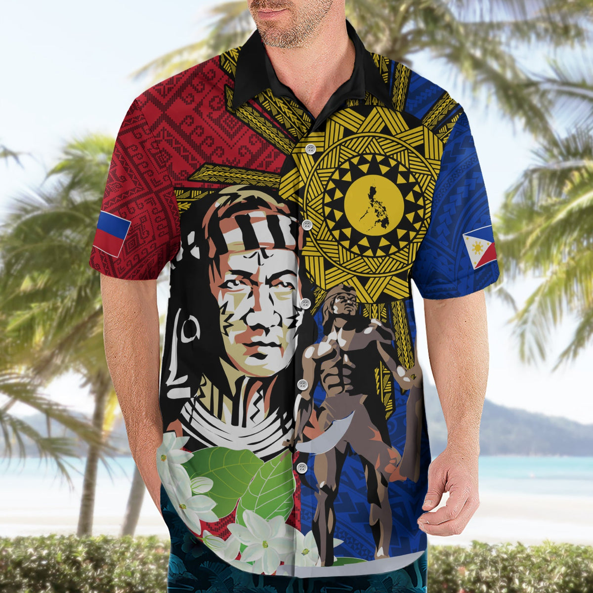 Philippinen Lapu-Lapu Hawaiihemd Filipino Sun Tattoo mit Yakan Muster LT03