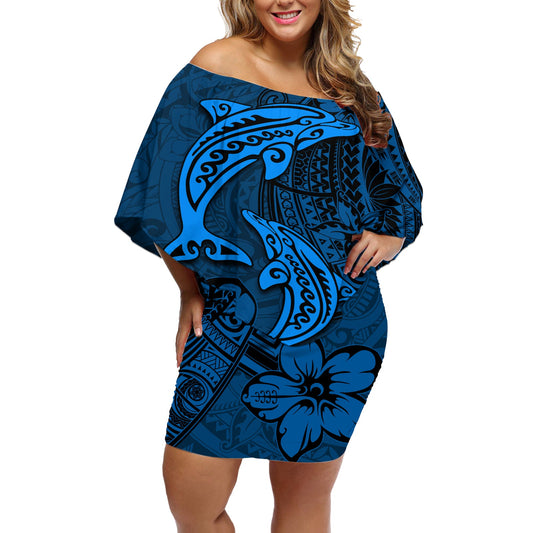 Polynesian Dolphin Valentine Day Off Shoulder Short Dress Hibiscus and Tribal Tattoo Blue Style LT03 Women Blue - Polynesian Pride