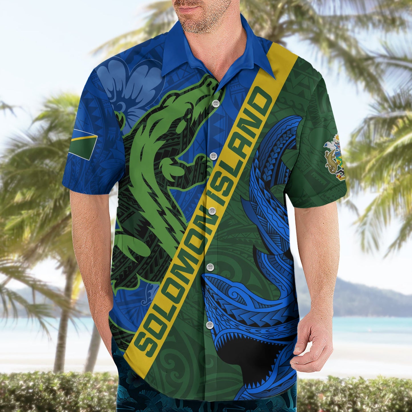 Salomon-Inseln Krokodil und Hai Hawaiihemd Polynesisches Muster LT03