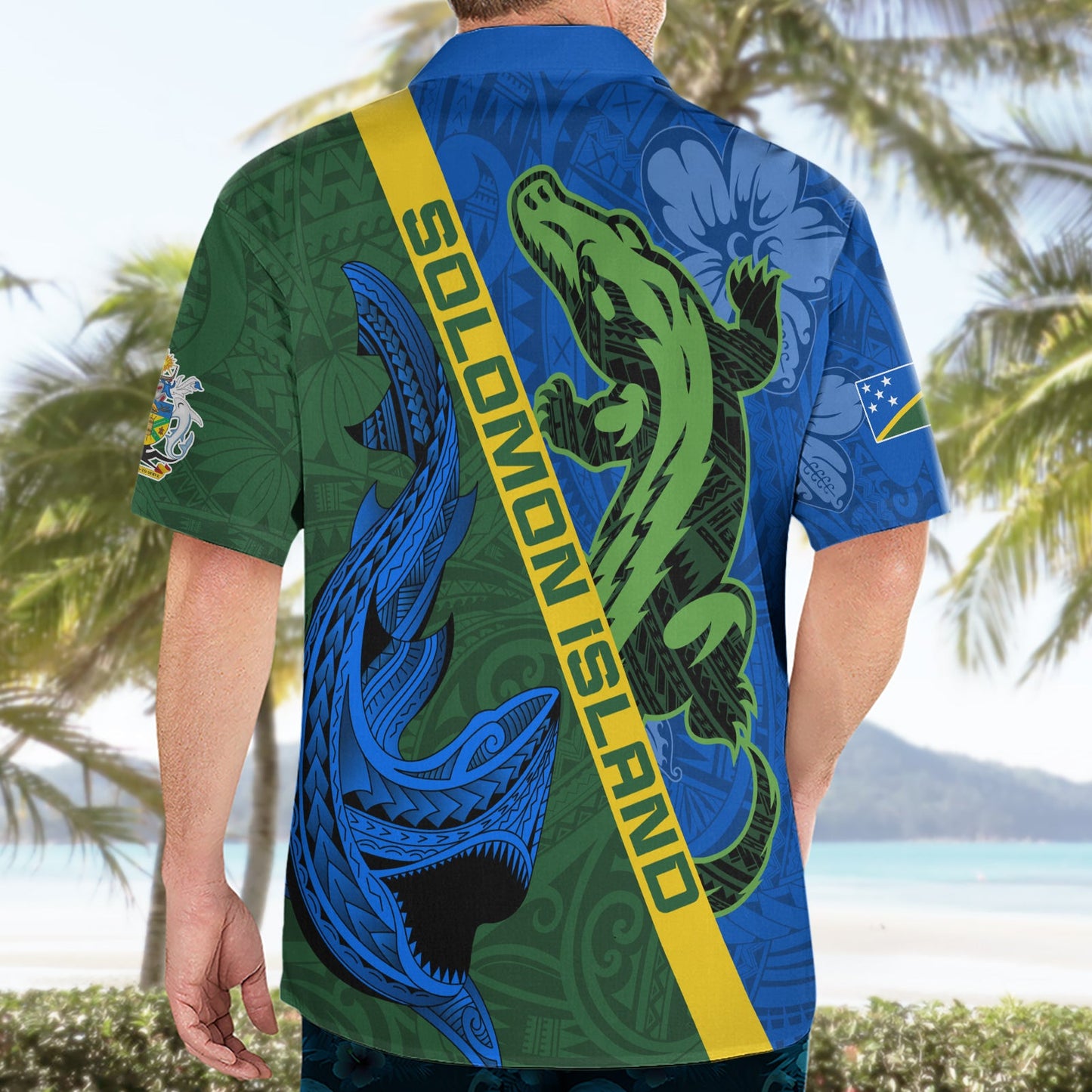 Salomon-Inseln Krokodil und Hai Hawaiihemd Polynesisches Muster LT03