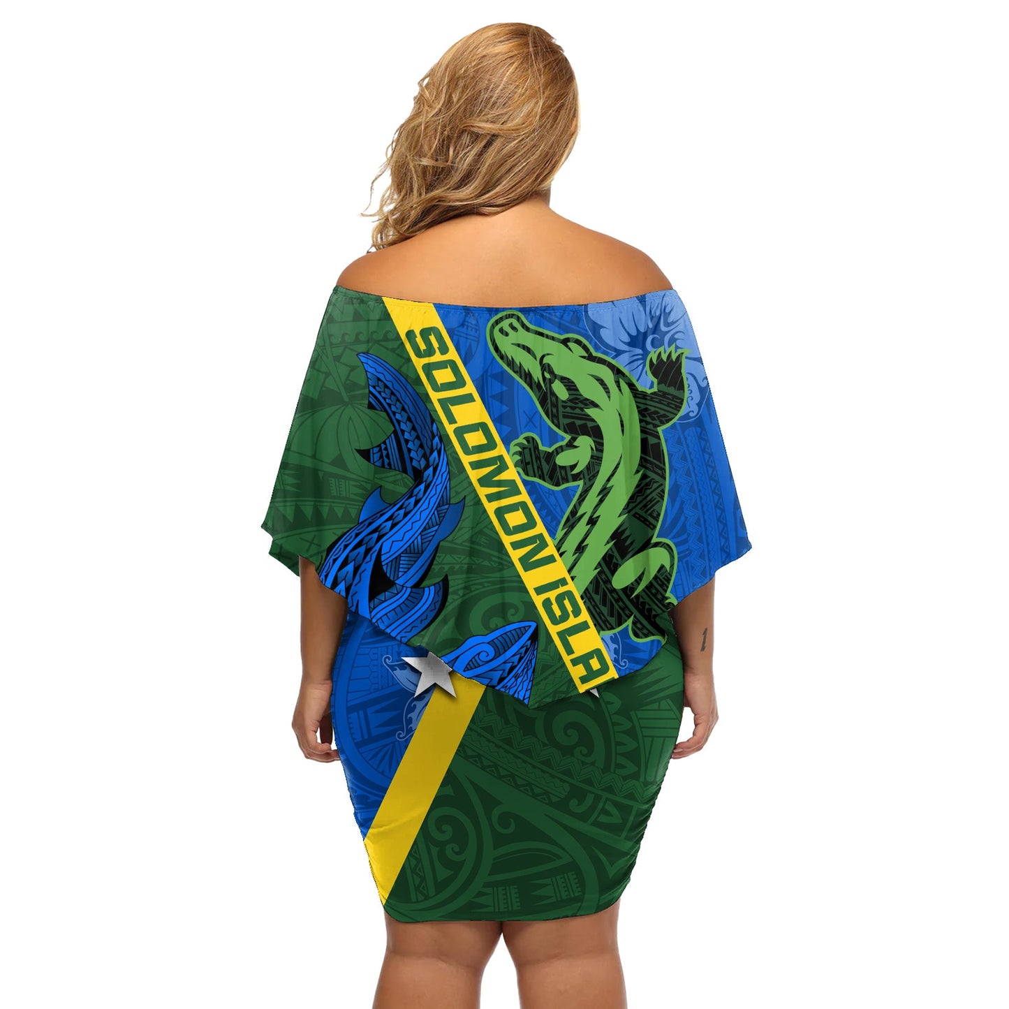 Salomon-Inseln Krokodil und Hai Off Shoulder Kurzes Kleid mit blumen Polynesisches Muster LT03