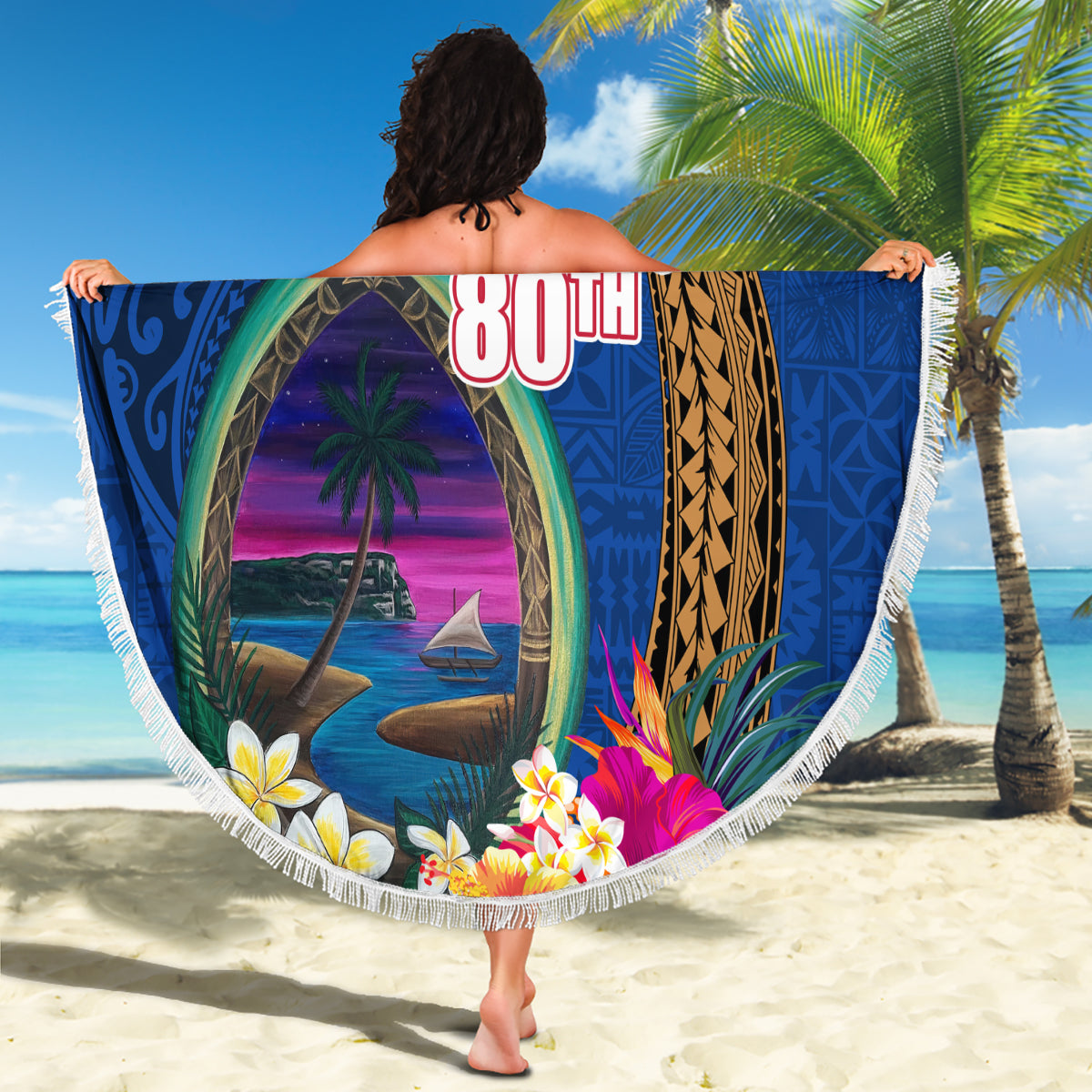 Grüne Hawaii Hai Tattoo Stranddecke Frangipani mit polynesischen Pastell Version LT14