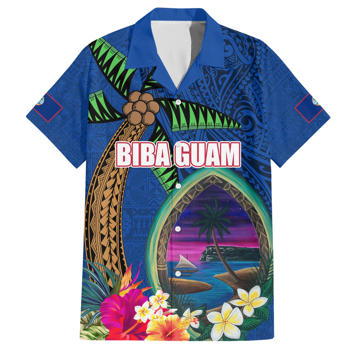 Guam Liberation Day 80th Anniversary Hawaiian Shirt Palm Tree and Seal Artwork Hibiscus Polynesian Pattern
