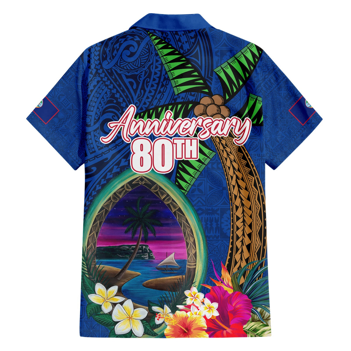 Guam Liberation Day 80. Jahrestag Hawaiihemd Palme und Robbe Kunstwerk Hibiskus Polynesisches Muster LT03