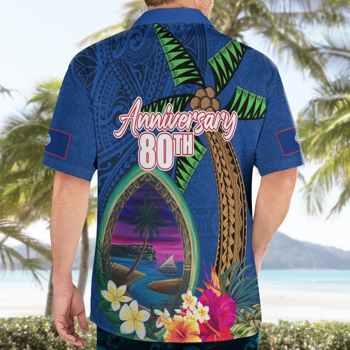 Guam Liberation Day 80. Jahrestag Hawaiihemd Palme und Robbe Kunstwerk Hibiskus Polynesisches Muster LT03