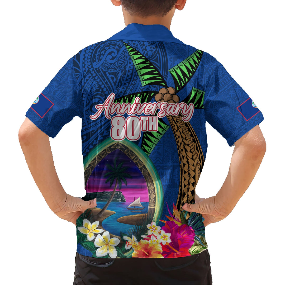 Guam Liberation Day 80. Jahrestag Hawaiihemd Palme und Robbe Kunstwerk Hibiskus Polynesisches Muster LT03