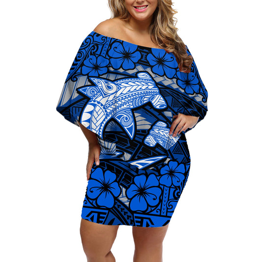 Polynesian Shark Valentine Day Off Shoulder Short Dress Hibiscus and Tribal Tattoo Blue Style LT03 Women Blue - Polynesian Pride