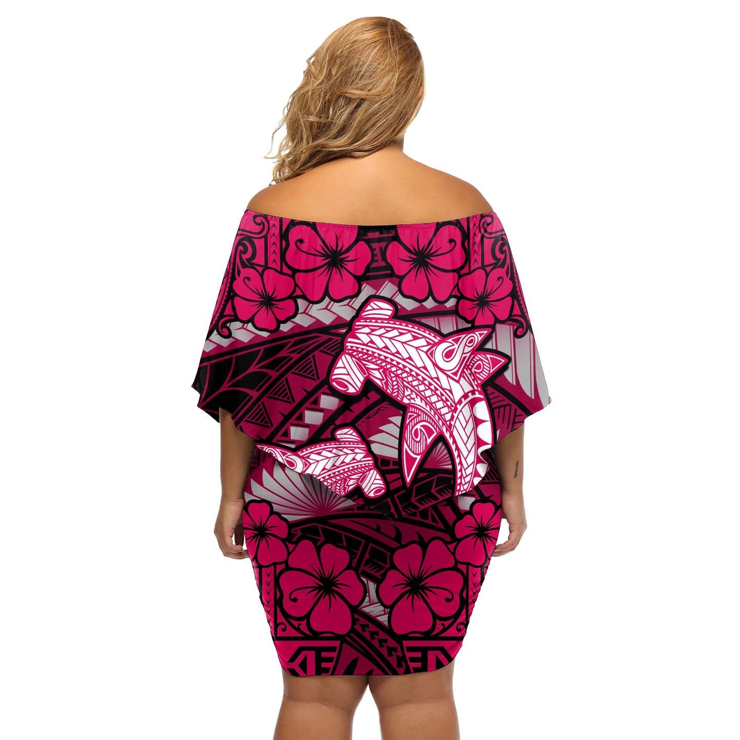 Polynesischer Hai Valentinstag Schulterfreies Kurzes Kleid blumen Hibiskus und Tribal Tattoo Pink Style LT03