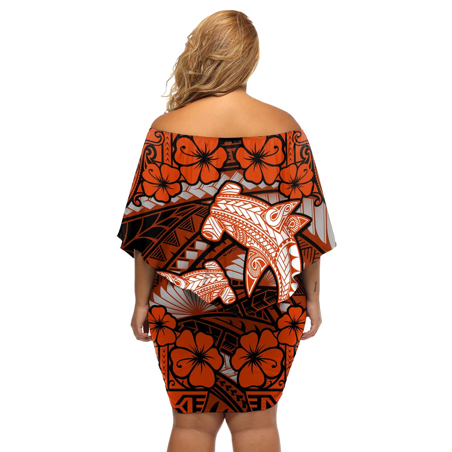 Polynesischer Hai Valentinstag Schulterfreies Kurzes Kleid blumen Hibiskus und Tribal Tattoo Orange Style LT03