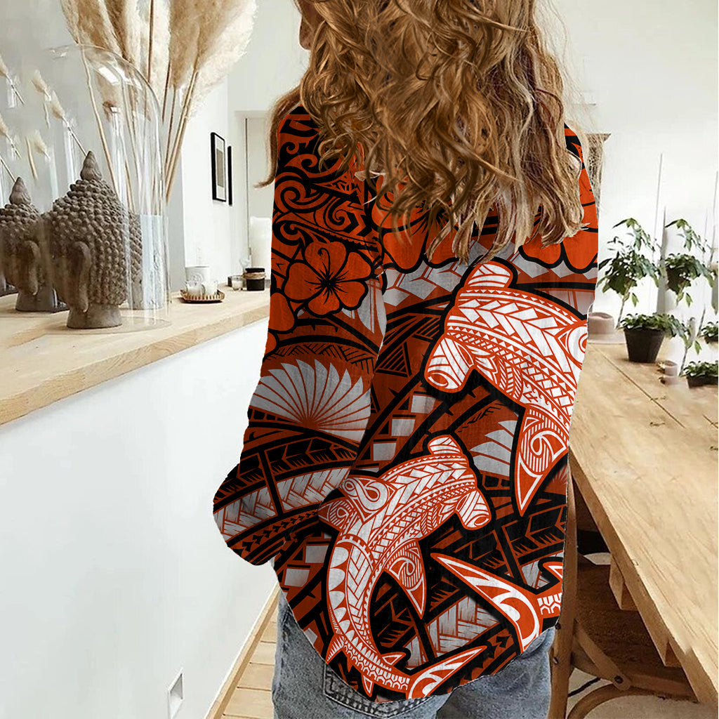 Polynesian Shark Valentinstag Damen Casual Shirt Hibiskus und Tribal Tattoo Orange Style LT03
