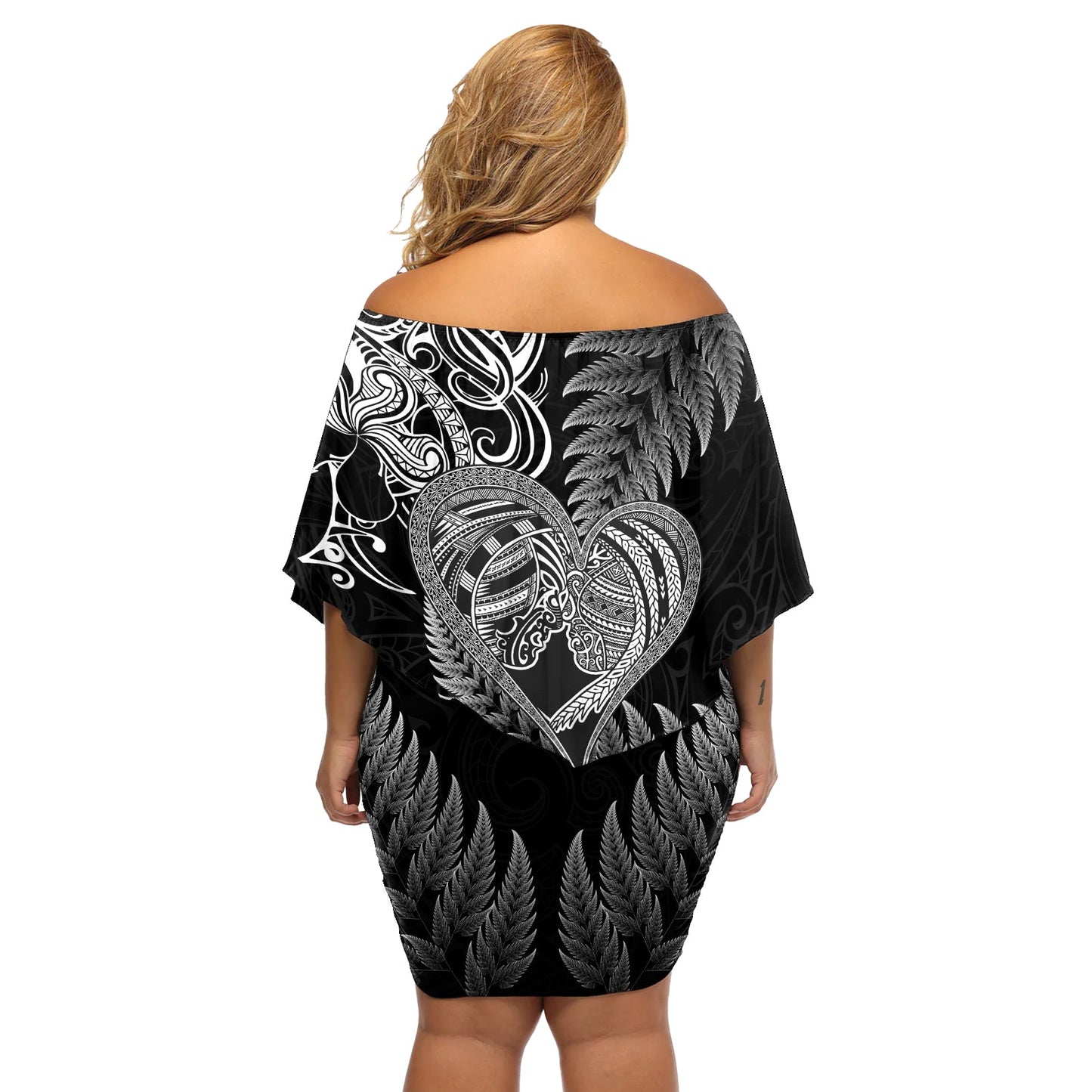 Neuseeland Valentinstag Schulterfreies Kurzes Kleid blumen Aotearoa Krieger und Frau Liebe Herz Silber Farn Koru LT03