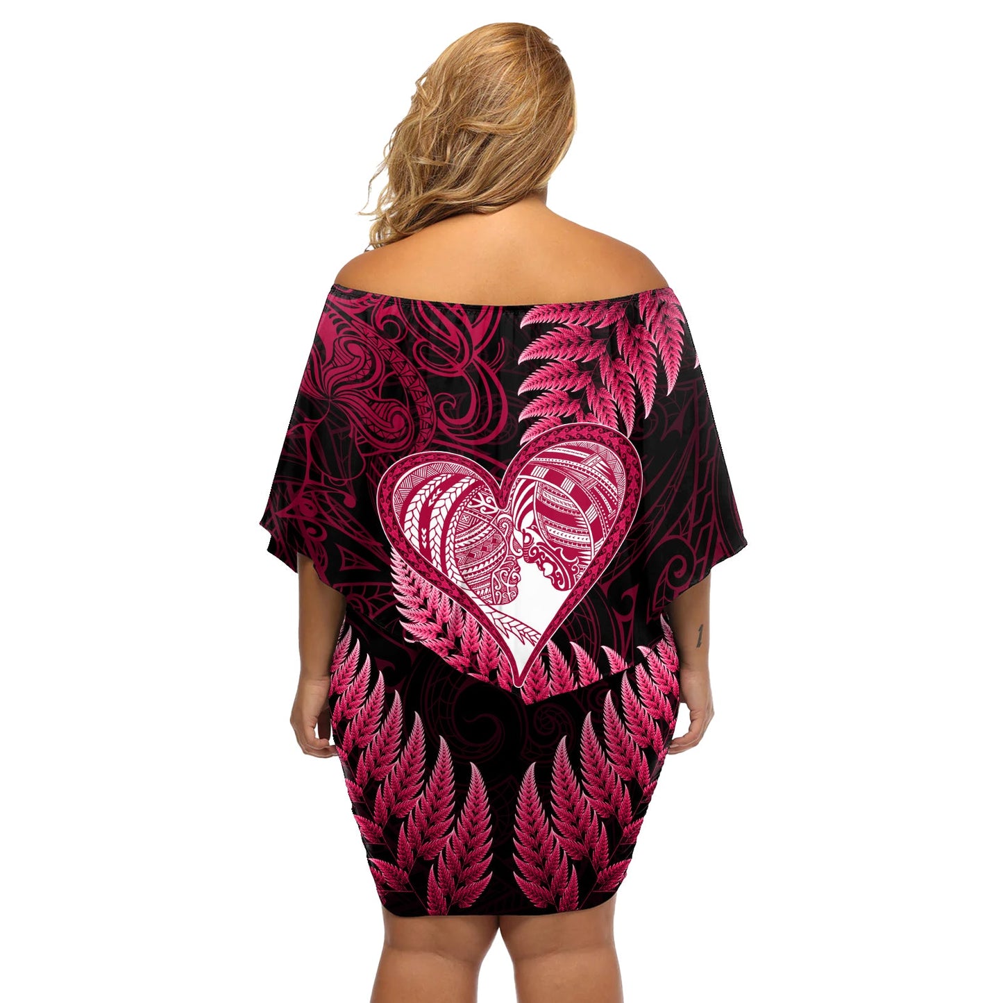 Neuseeland Valentinstag Schulterfreies Kurzes Kleid blumen Aotearoa Krieger Liebesgeschichte Silber Farn Koru Pink Style LT03