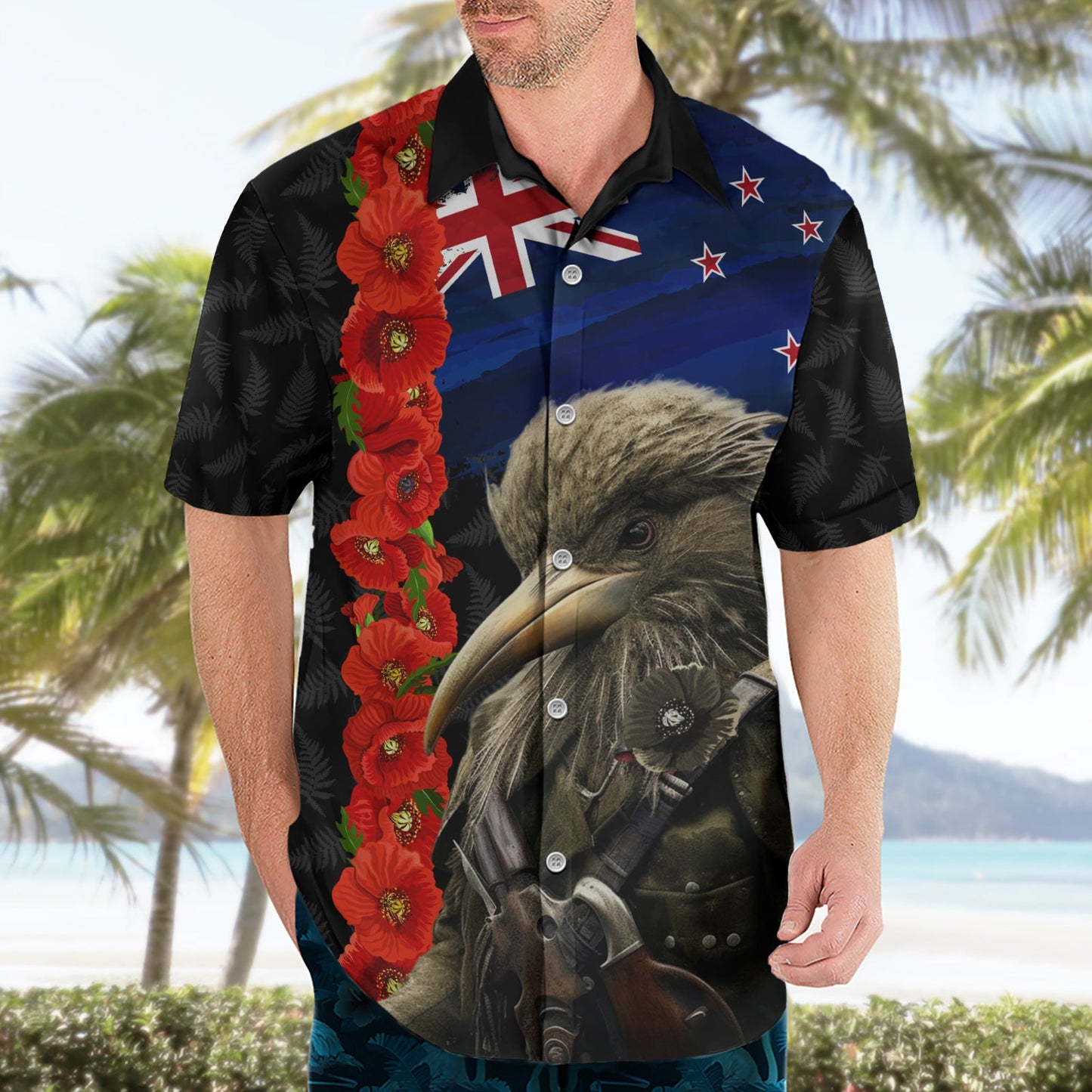 Neuseeländischer Kiwi-Soldat ANZAC Hawaiihemd mit rotem Mohnblüten- und silbernem Farnmuster LT03